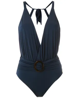 Brigitte バックルディテール付きネイビーワンピース水着 - サムネイル1