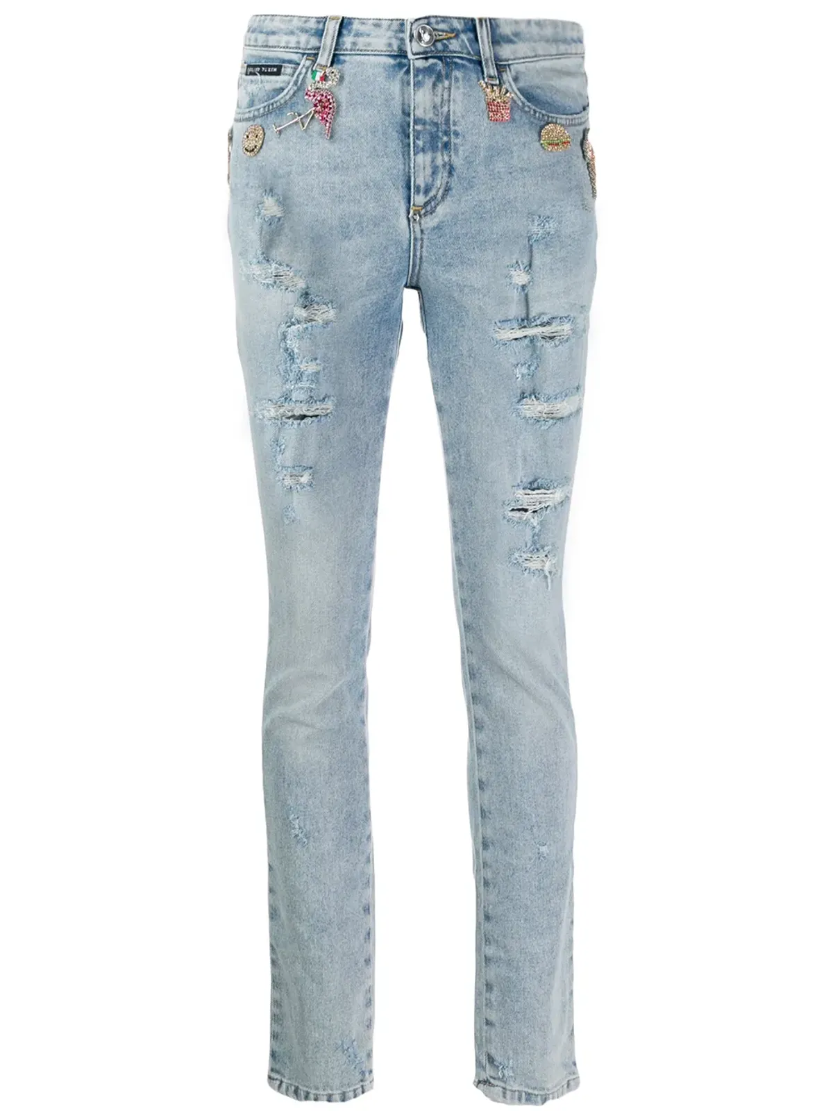 Philipp Plein ラインストーンチャーム付きダメージ加工スキニージーンズ - ブルー - 画像1