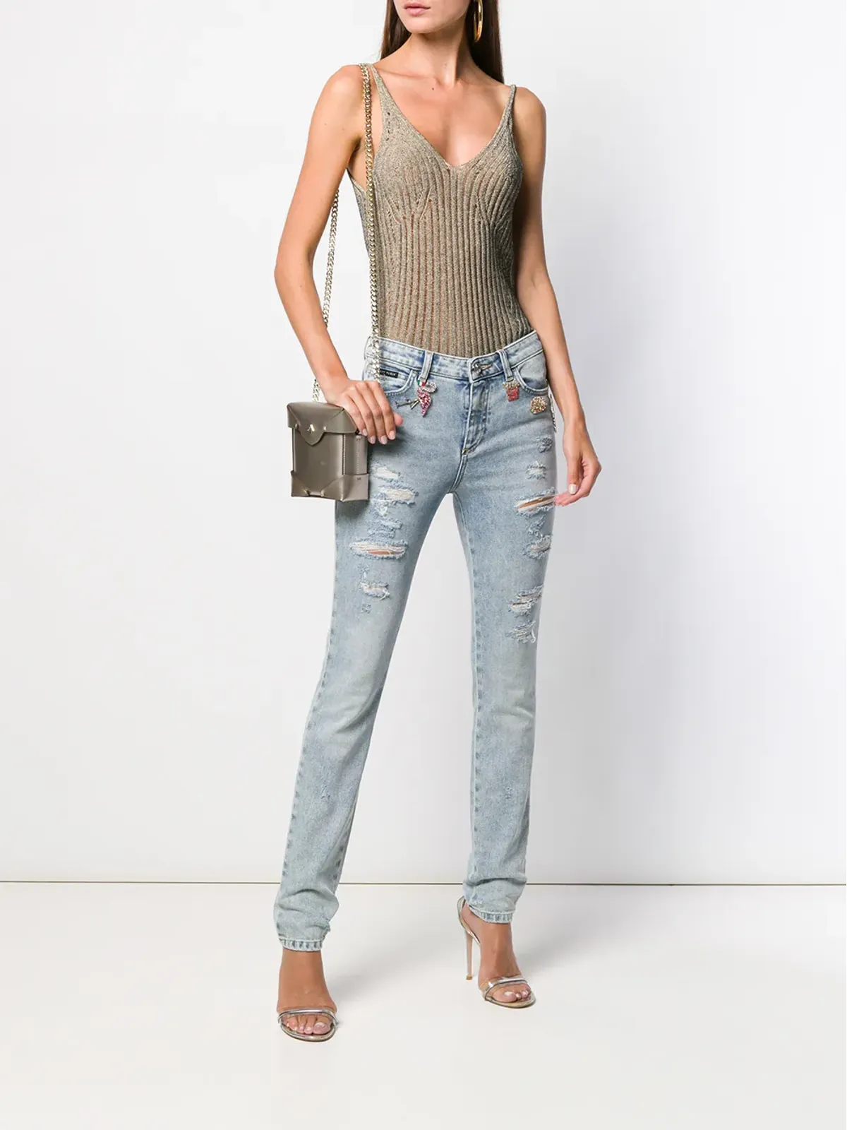 Philipp Plein ラインストーンチャーム付きダメージ加工スキニージーンズ - ブルー - 画像2