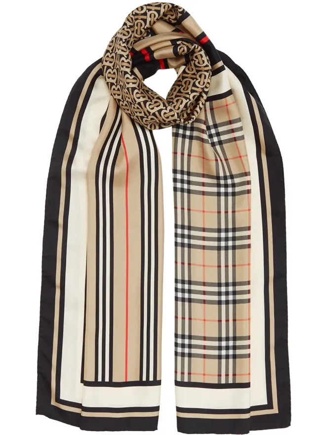 Burberry Burberry モノグラム・アイコンストライプ・チェック柄シルクスカーフ - ニュートラルの商品画像