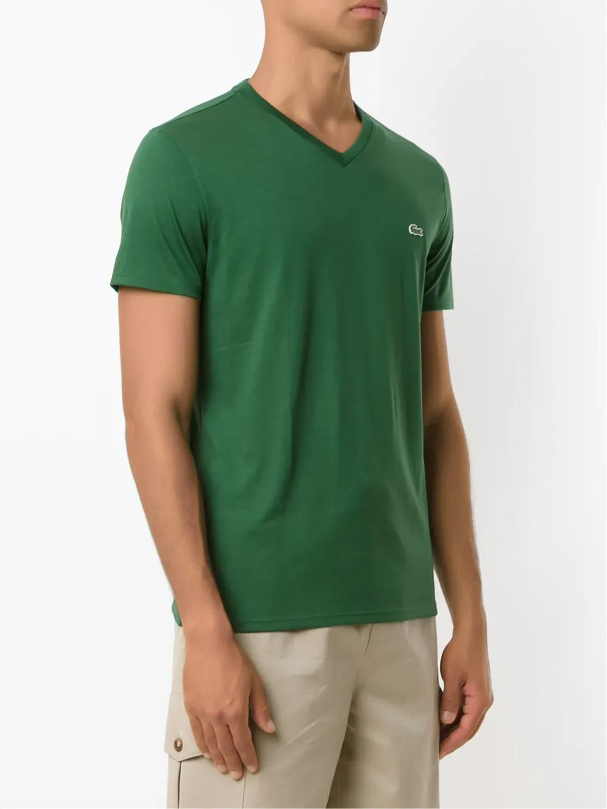 Lacoste ロゴ刺繍入り コットン Vネック Tシャツ グリーン - 画像3