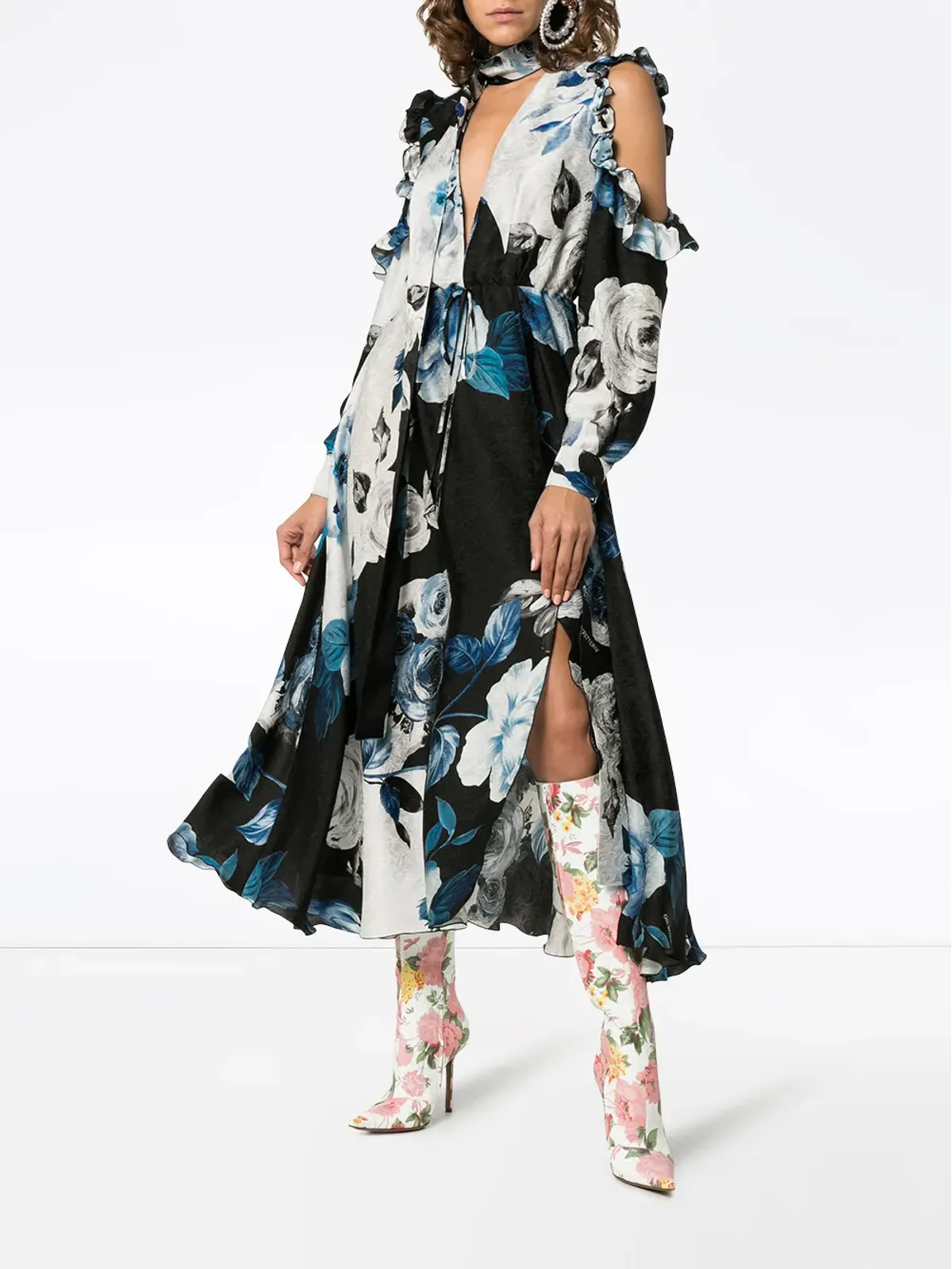 Off-White 花柄フレアシルクミディドレス ブルー - 画像2