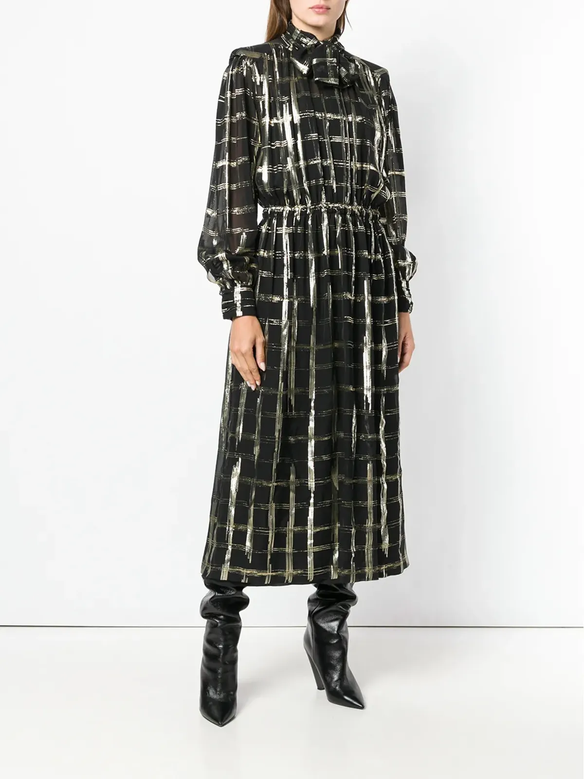 Alberta Ferretti チェック柄ボウタイ付きミディドレス - 画像3