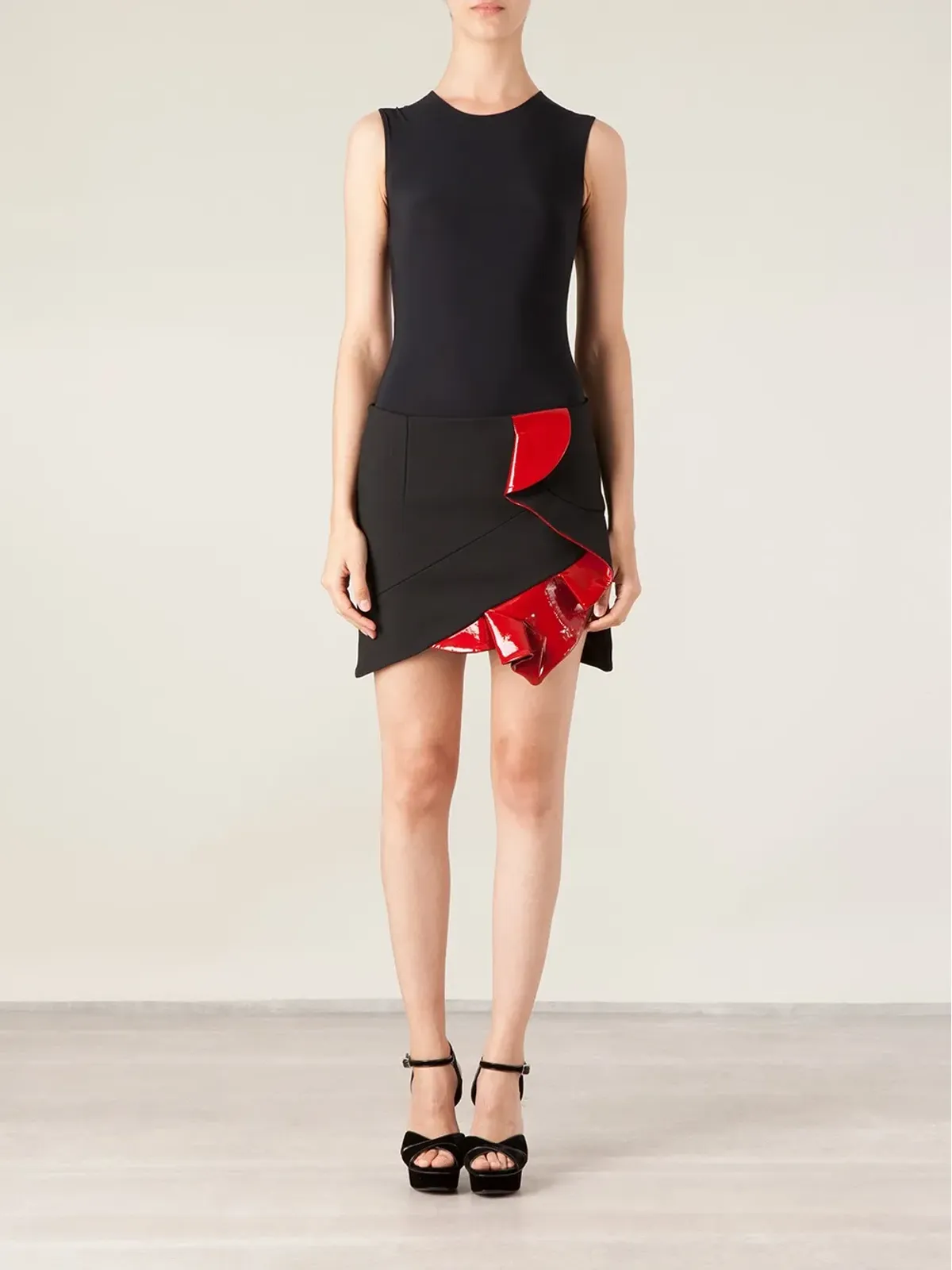 Anthony Vaccarello レザーディテールのフリルスカート - 画像2