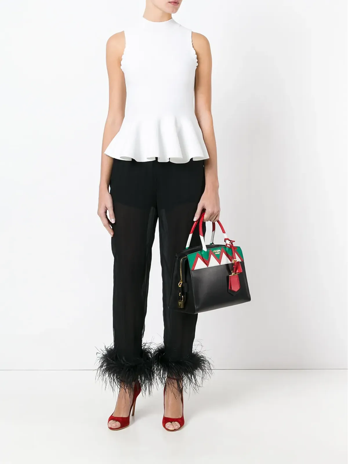 Prada sheer effect trousers with Ostrich feather cuffed ankles - Black - 画像2