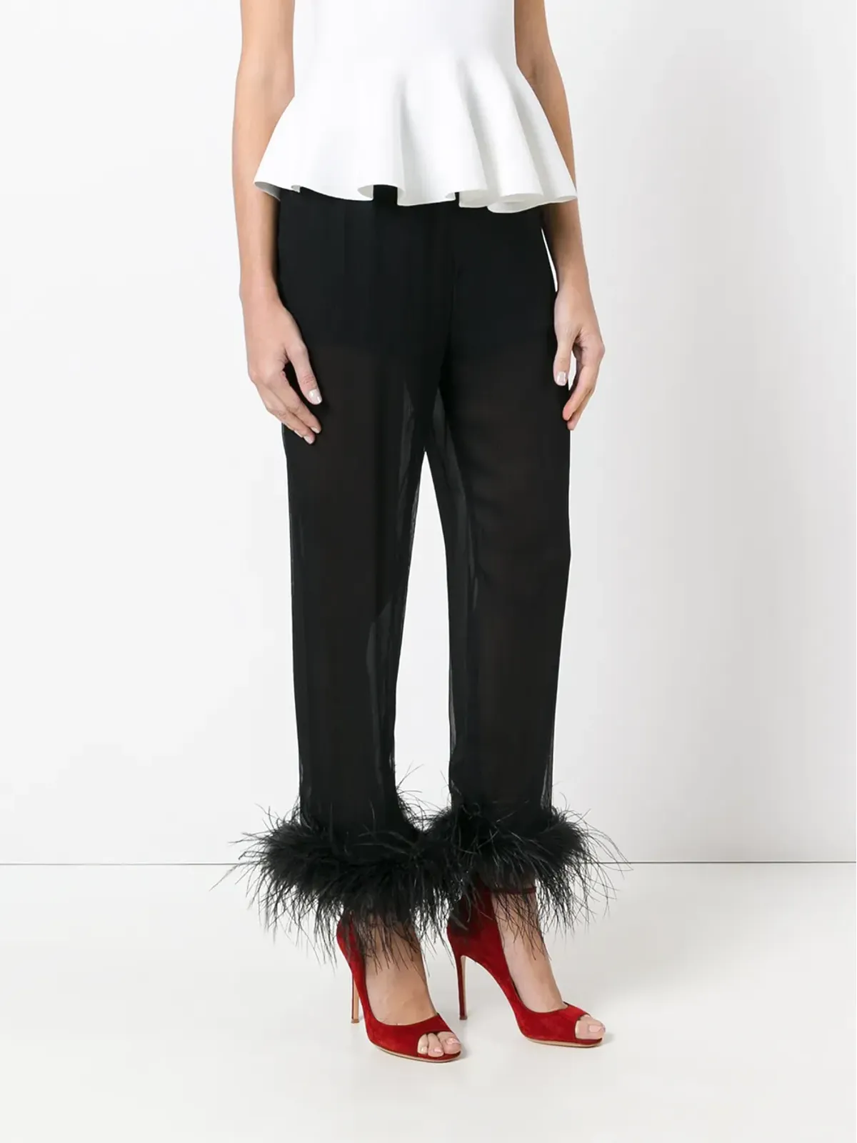 Prada sheer effect trousers with Ostrich feather cuffed ankles - Black - 画像3