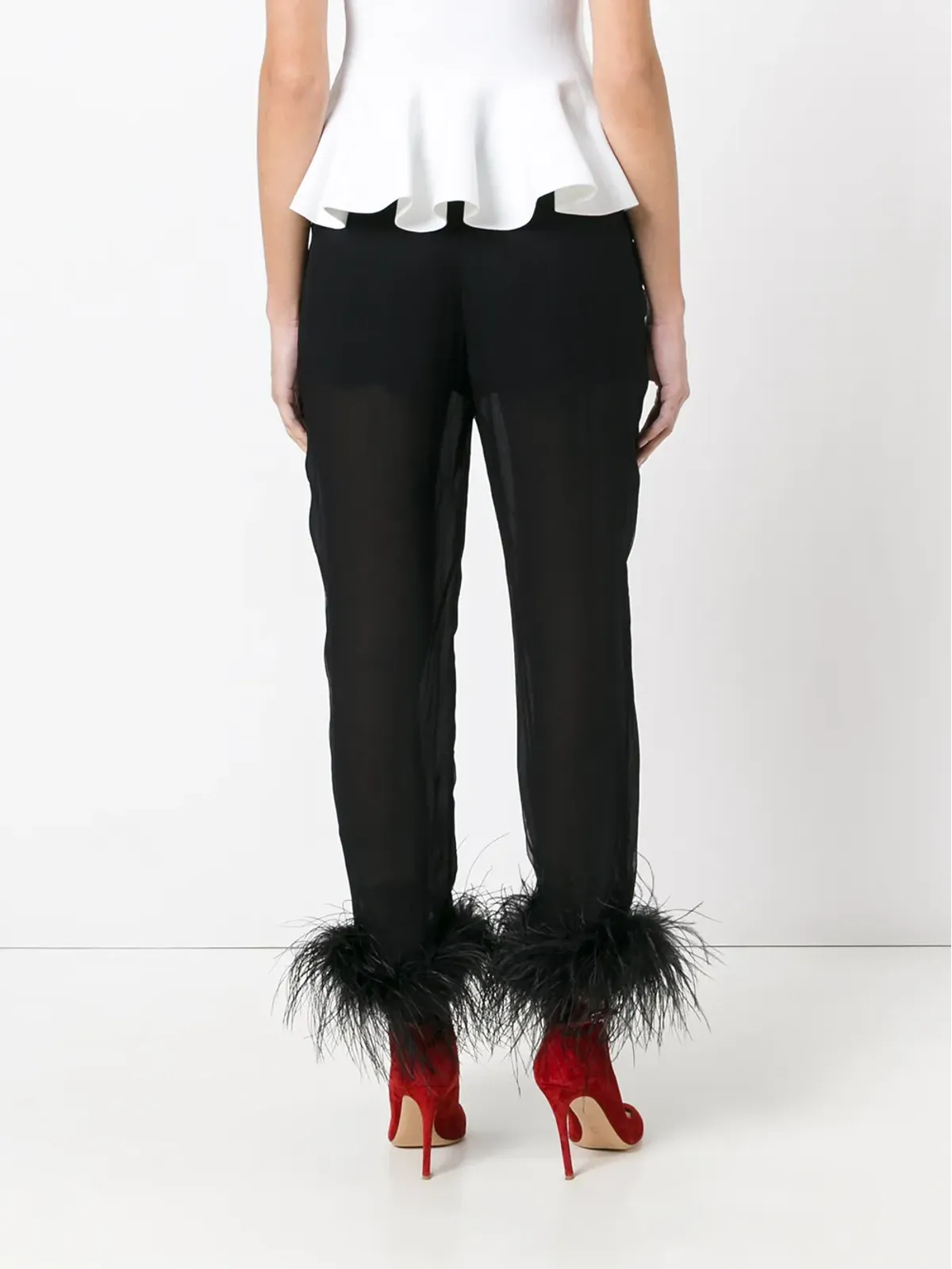 Prada sheer effect trousers with Ostrich feather cuffed ankles - Black - 画像4