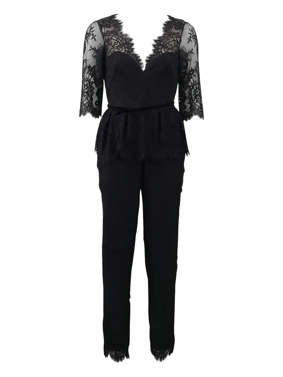 Marchesa Notte Vネック レースディテール ジャンプスーツ - ブラック - 画像1