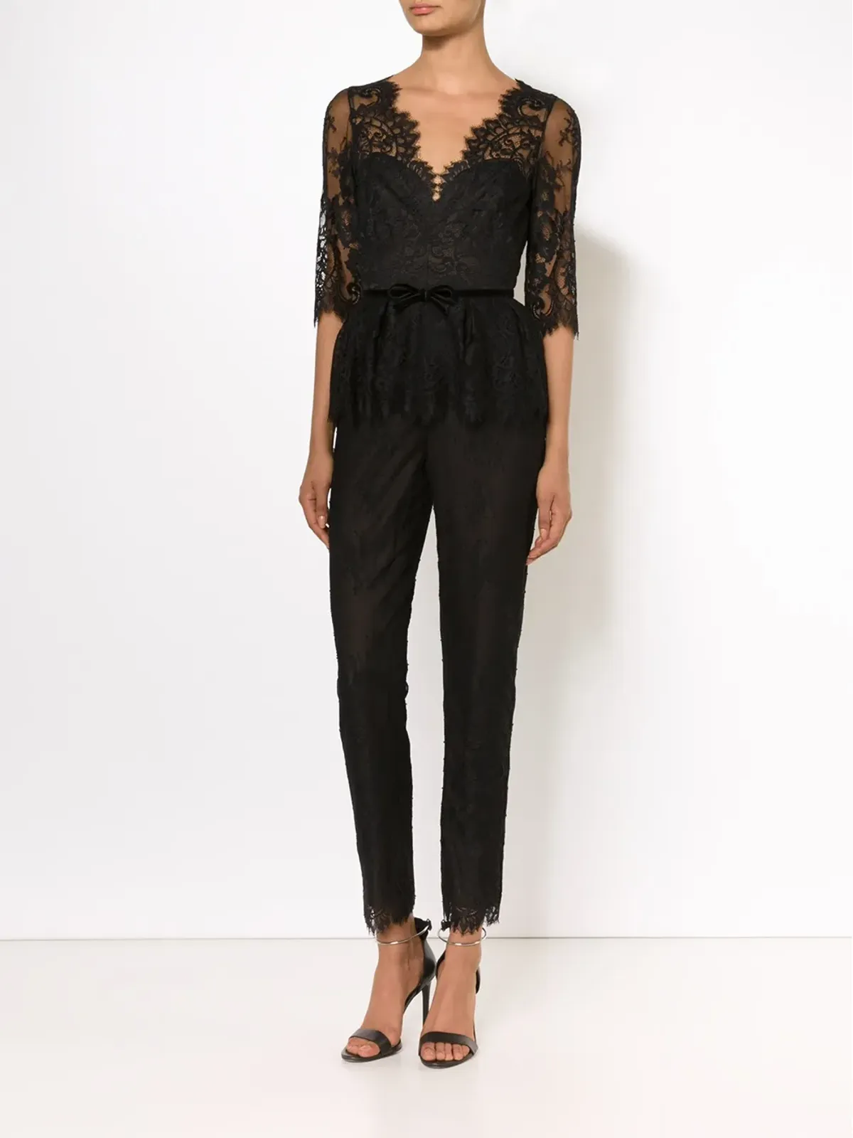 Marchesa Notte Vネック レースディテール ジャンプスーツ - ブラック - 画像3