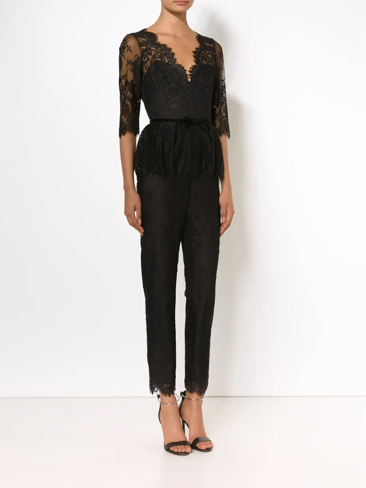 Marchesa Notte Vネック レースディテール ジャンプスーツ - ブラック - 画像4