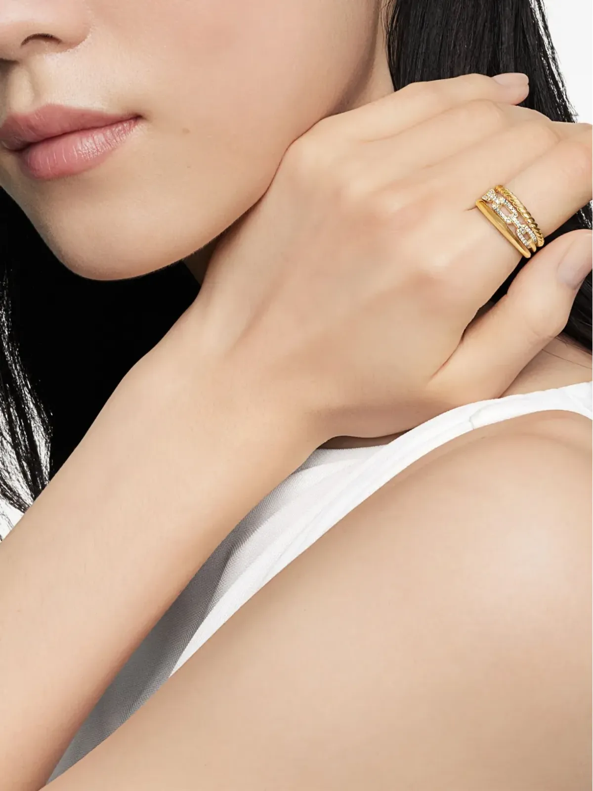 David Yurman 18K イエローゴールド Stax Three Row ダイヤモンドリング - 画像2
