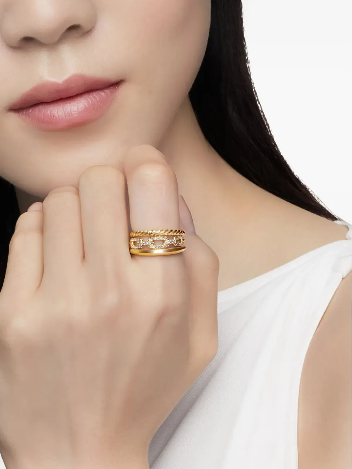 David Yurman 18K イエローゴールド Stax Three Row ダイヤモンドリング - 画像3