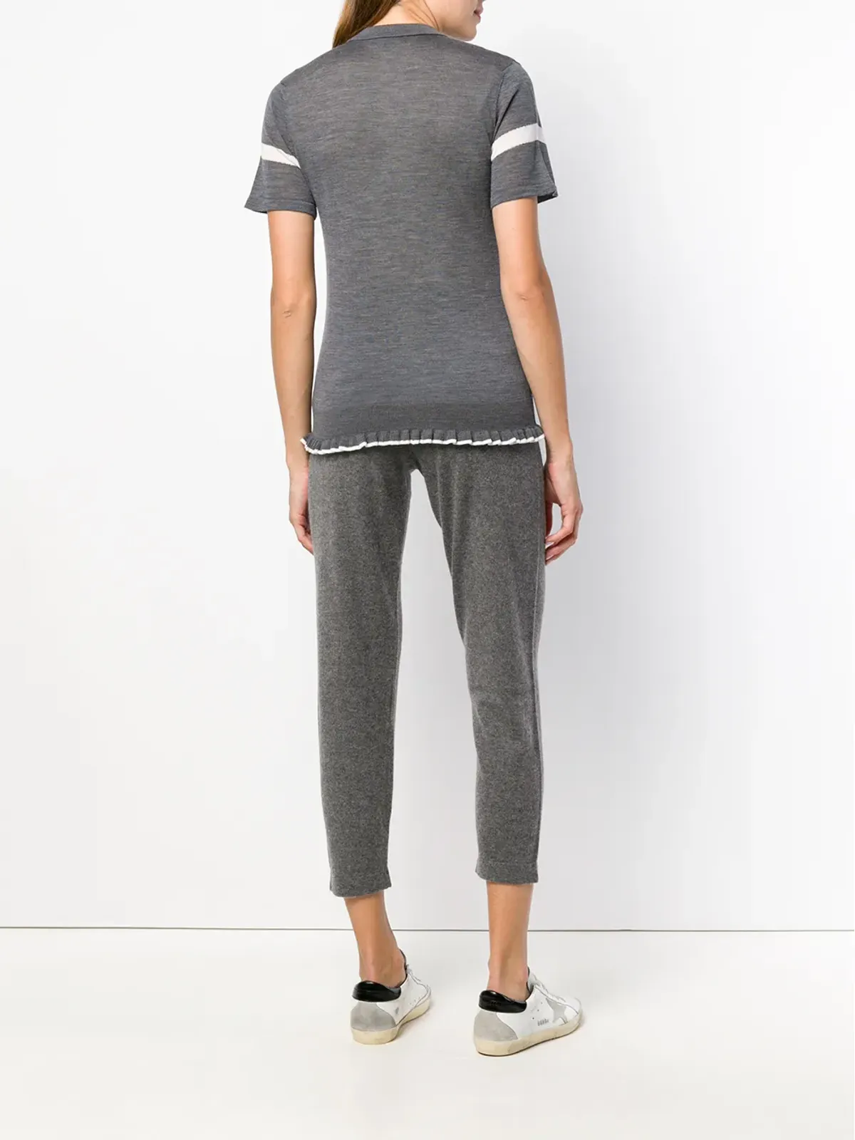 Cashmere In Love グレーのフリルトリミング付きニットポロシャツ - 画像4