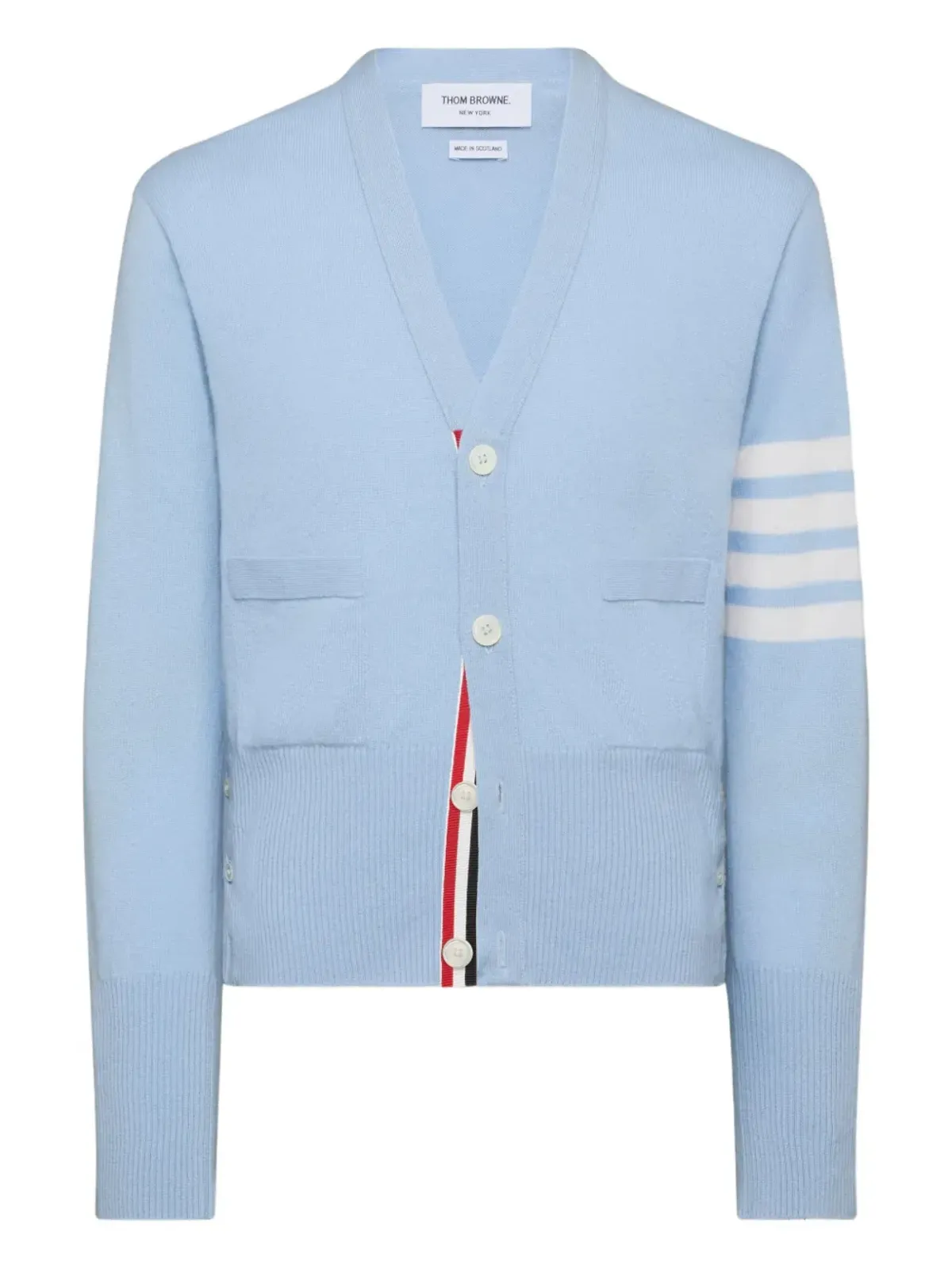 Thom Browne クラシックVネックカーディガン ブルー ホワイト4バー・ストライプ入り カシミア - 画像1