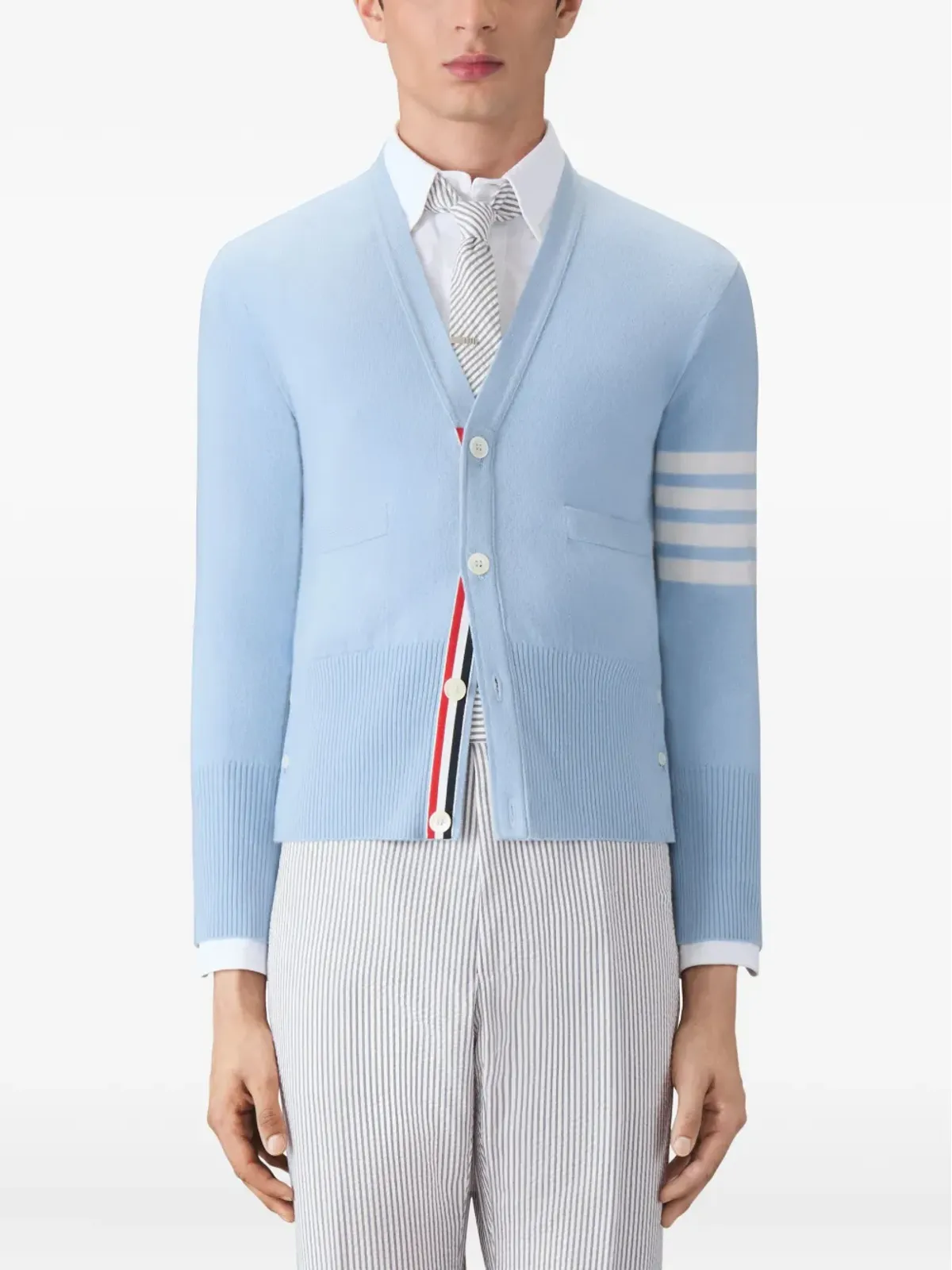 Thom Browne クラシックVネックカーディガン ブルー ホワイト4バー・ストライプ入り カシミア - 画像2