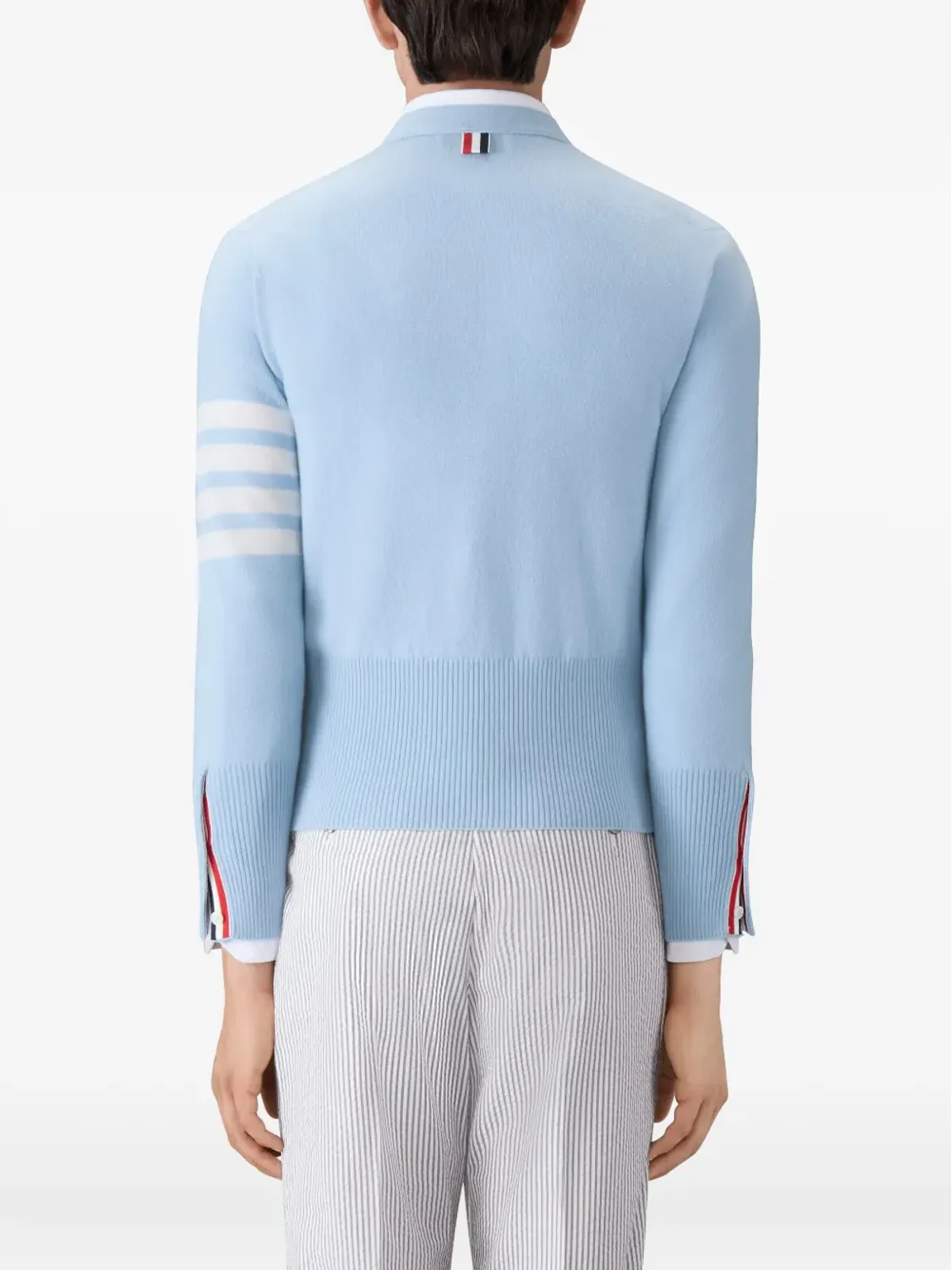 Thom Browne クラシックVネックカーディガン ブルー ホワイト4バー・ストライプ入り カシミア - 画像3