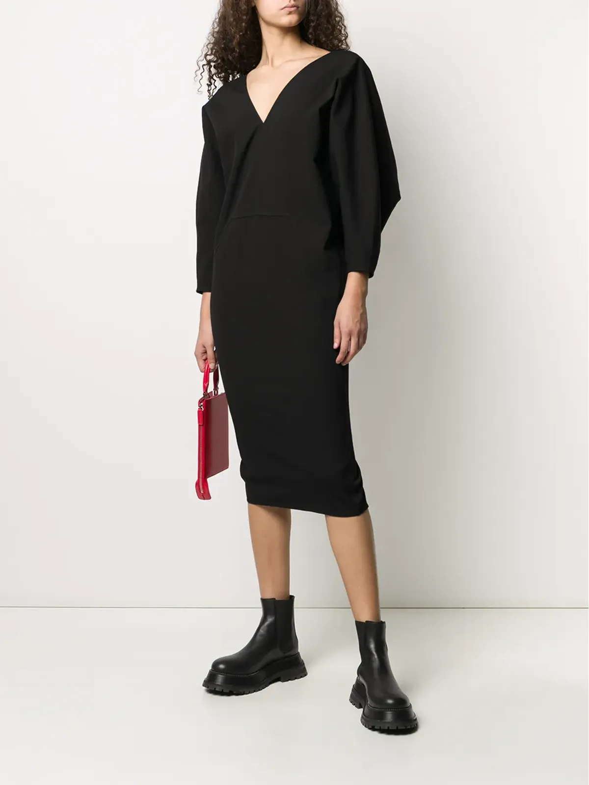 Rick Owens Vネック ミディドレス ブラック - 画像2