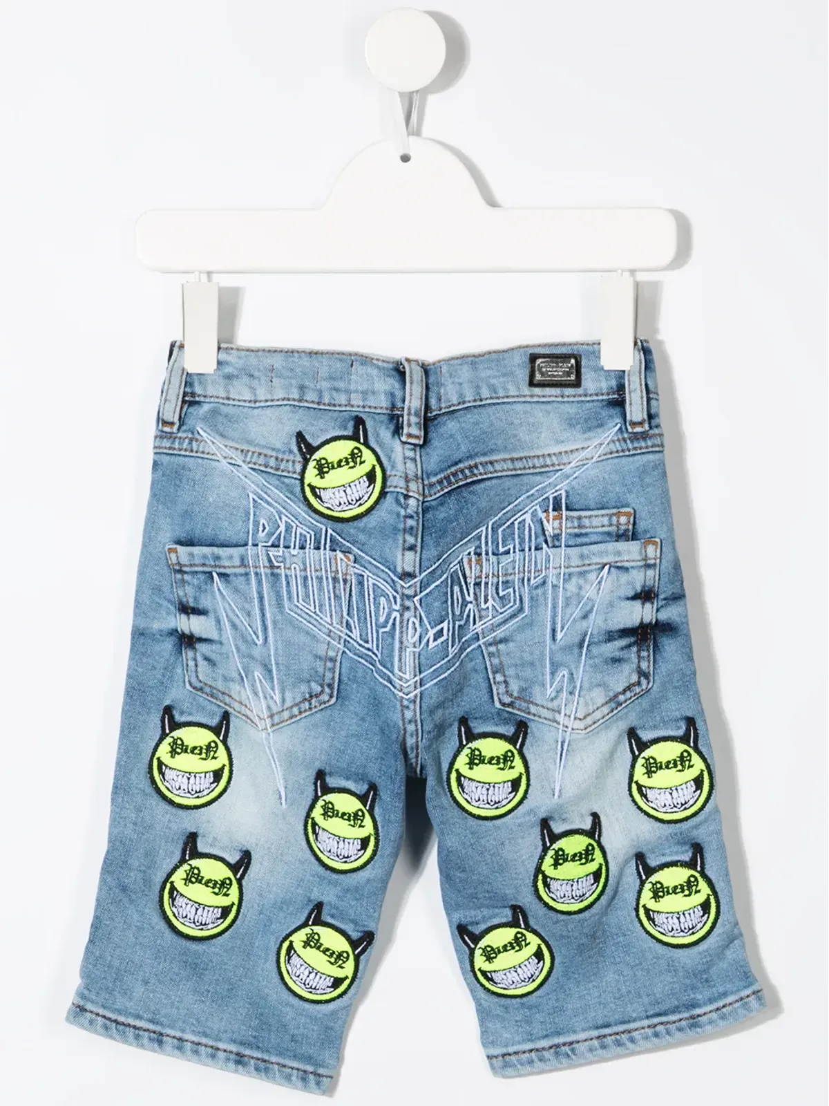Philipp Plein Junior 刺繍 Evil Smiley デニムショーツ ブルー - 画像2