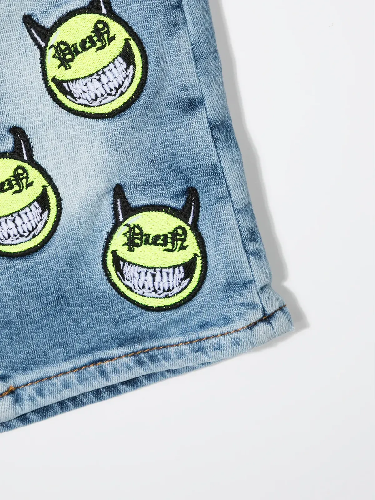 Philipp Plein Junior 刺繍 Evil Smiley デニムショーツ ブルー - 画像3