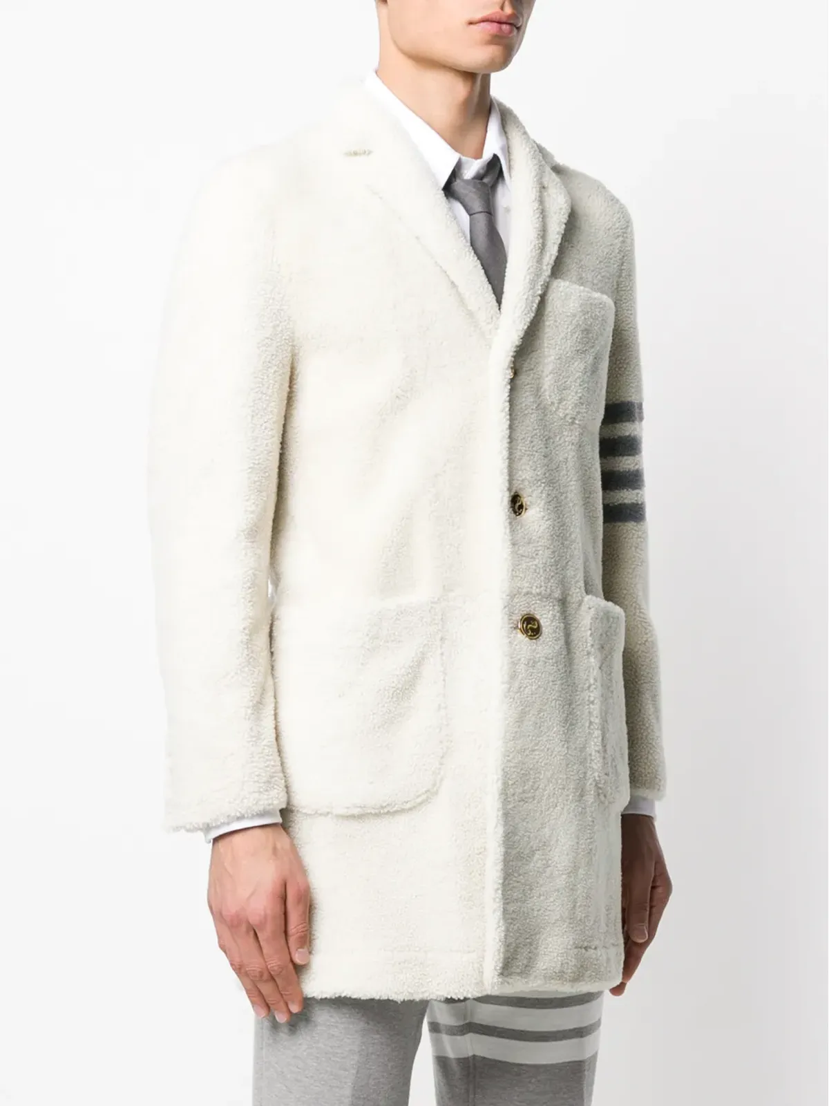 Thom Browne 4バー シアリング・サック・オーバーコート（ホワイト） - 画像3