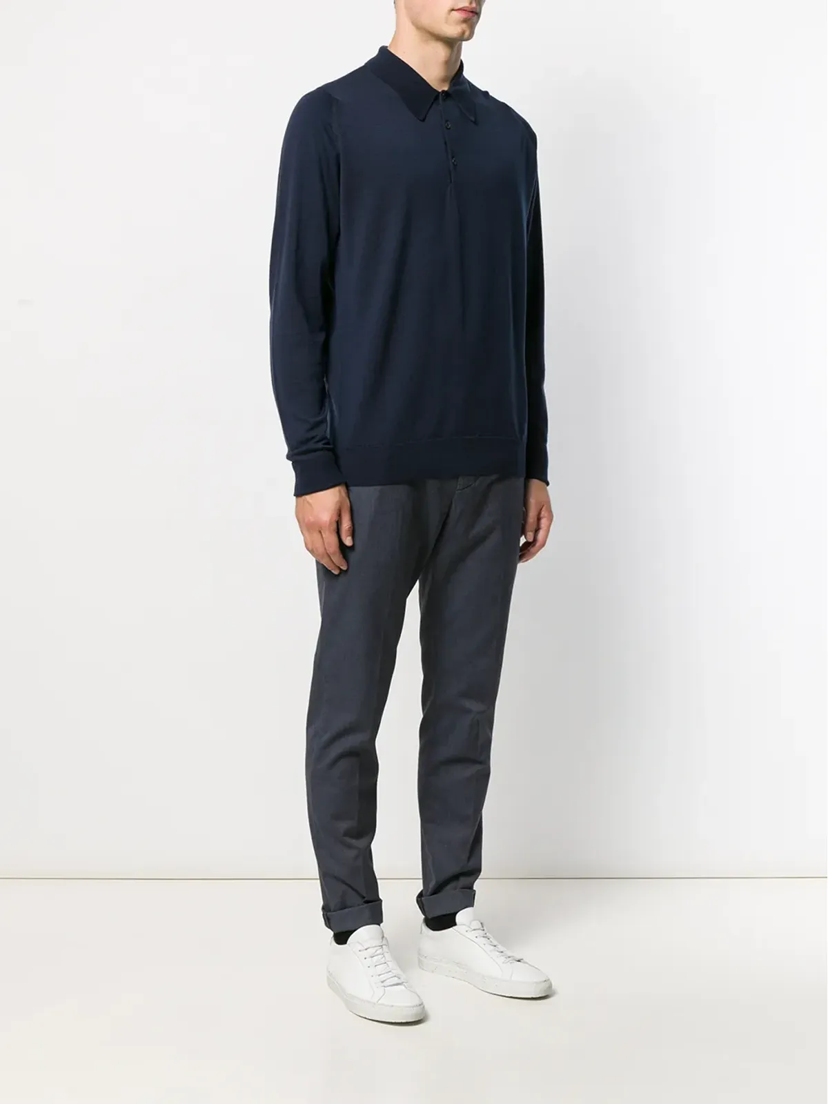 John Smedley ミッドナイトブルー ウール製ニットポロシャツ - 画像3