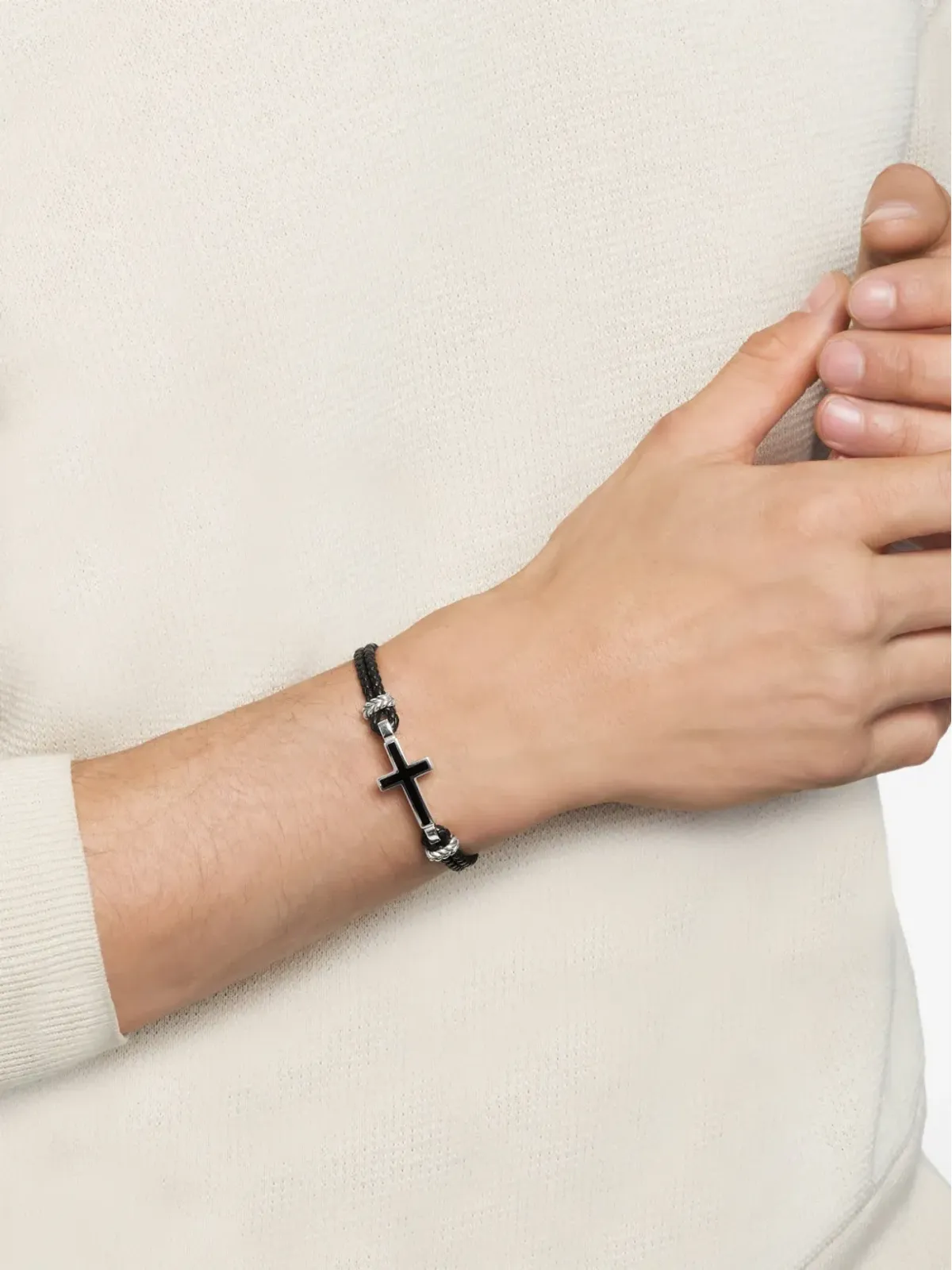 David Yurman スターリングシルバー エキゾチックストーン クロス レザーブレスレット 3mm ブラック - 画像2
