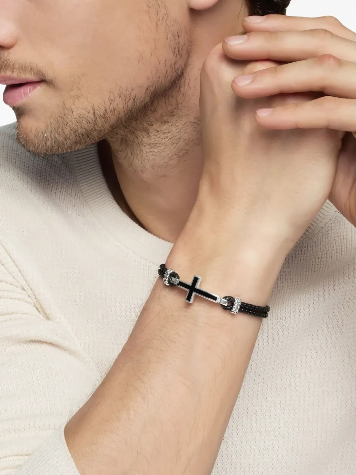 David Yurman スターリングシルバー エキゾチックストーン クロス レザーブレスレット 3mm ブラック - 画像3
