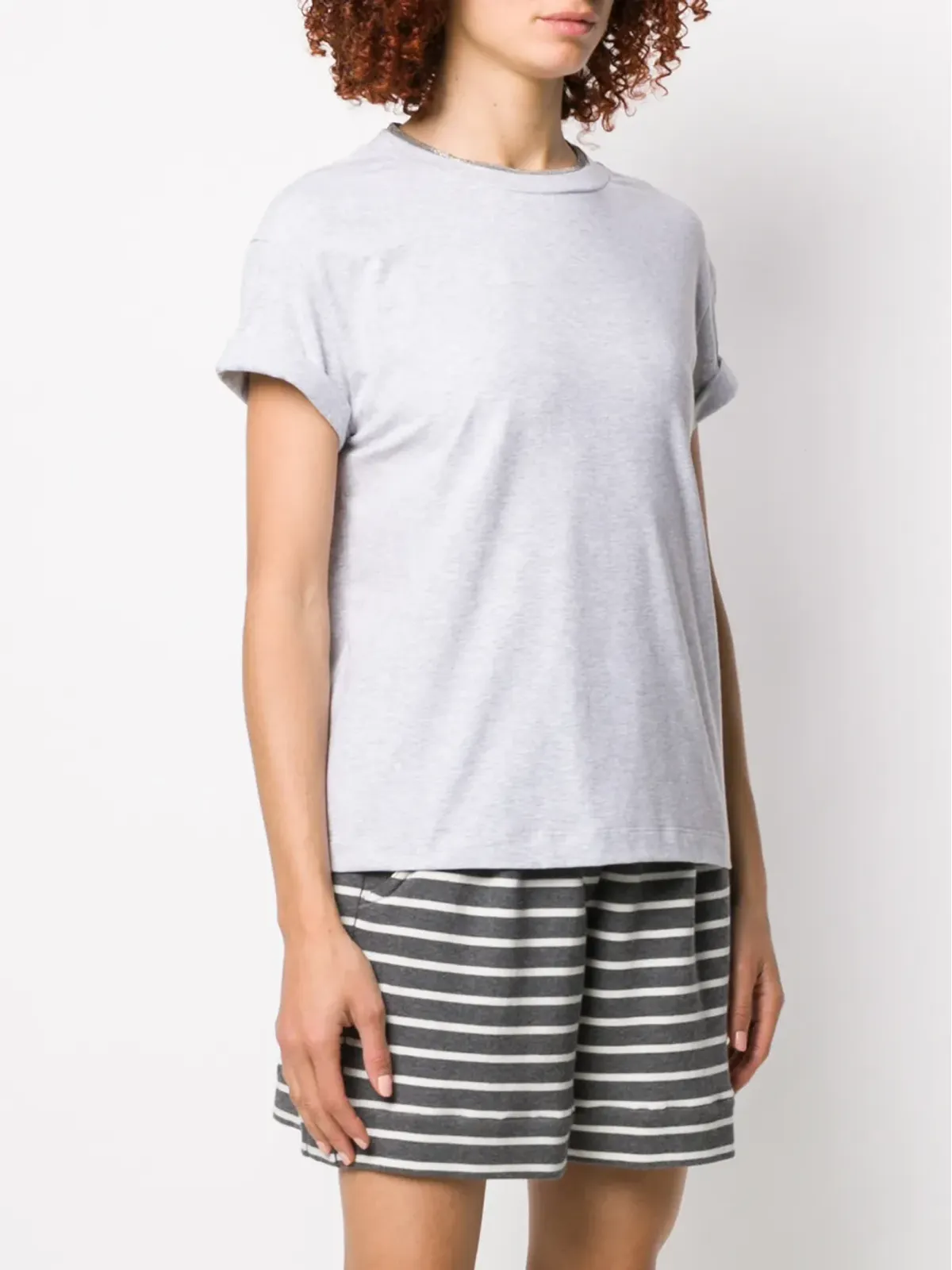 Brunello Cucinelli ラウンドネック・ビーズ付きTシャツ（グレー） - 画像3
