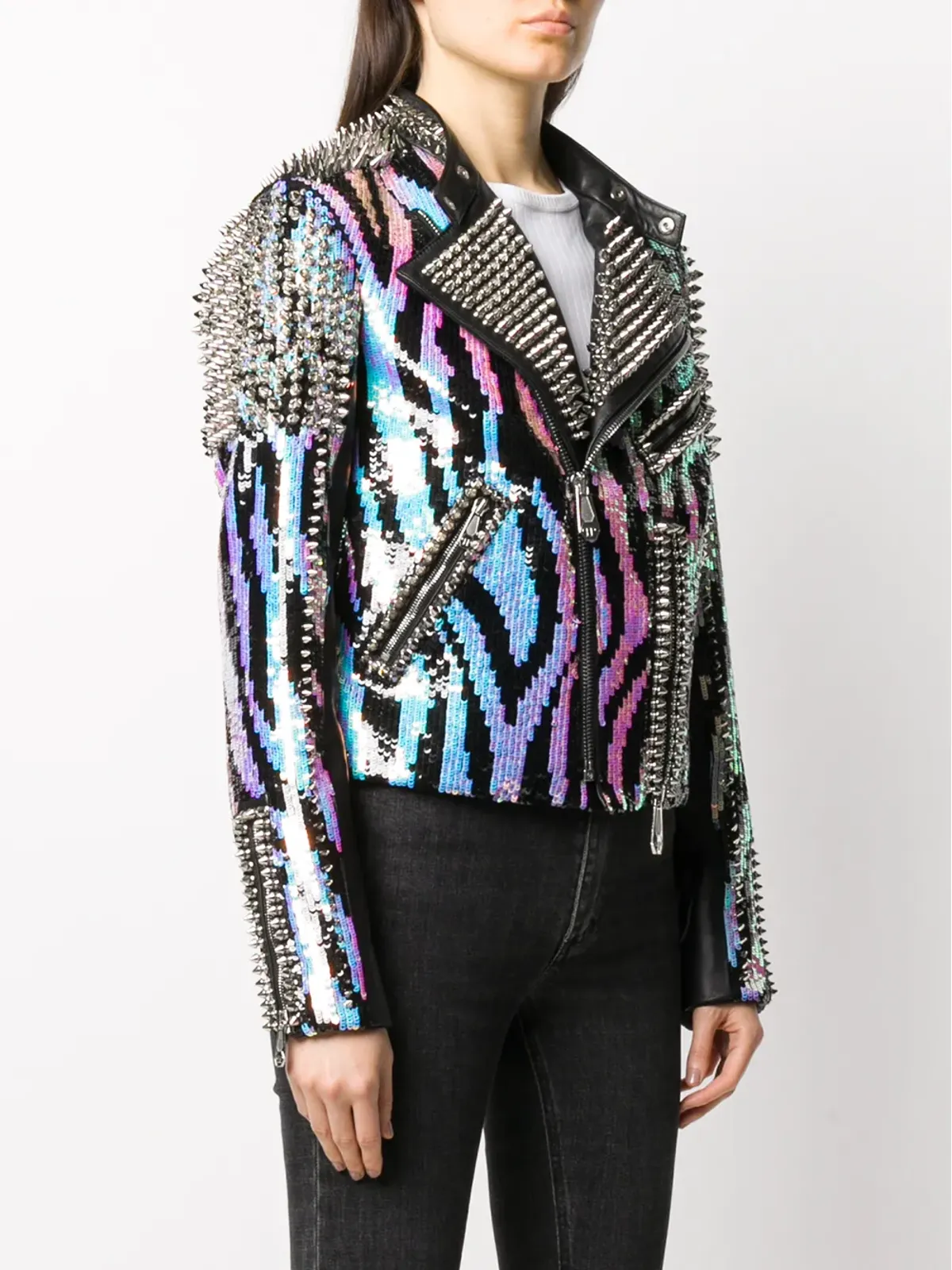 Philipp Plein ゼブラ柄レザーバイカージャケット - 画像3