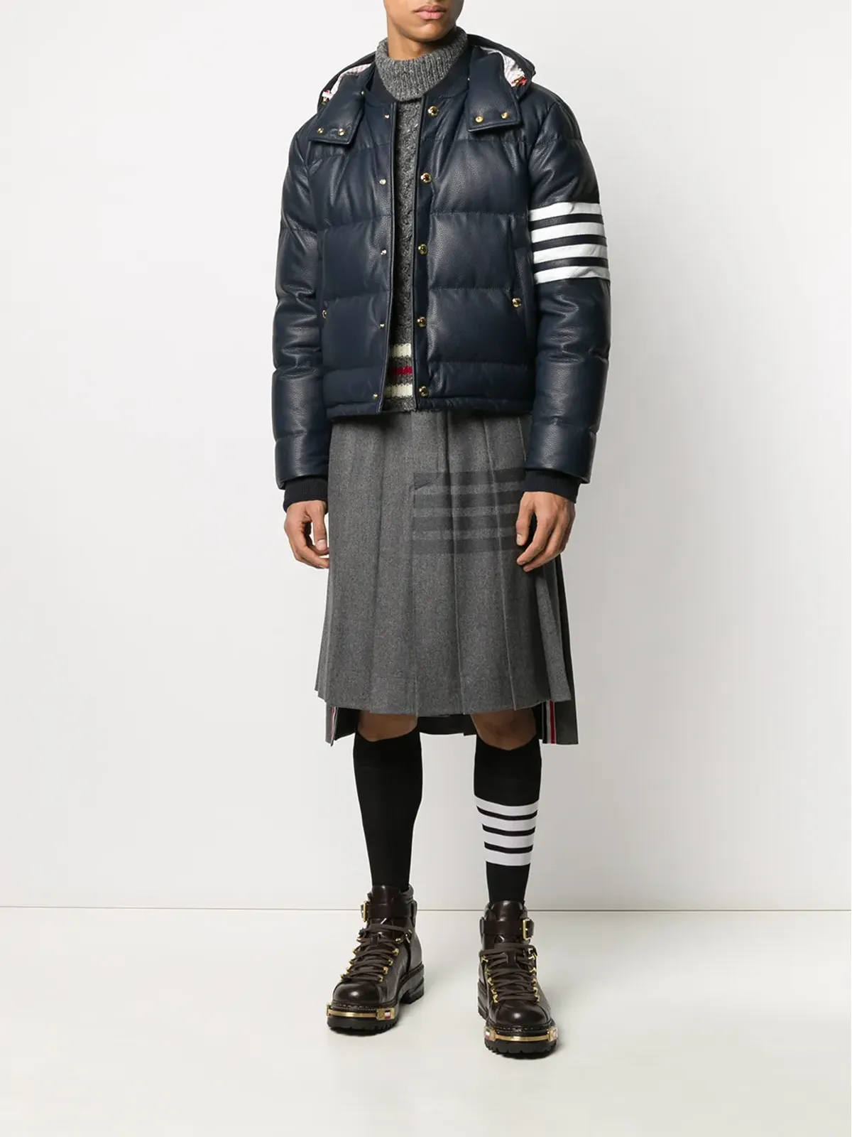 Thom Browne 膝丈プリーツ4バー柄ストライプスカート - グレー - 画像2
