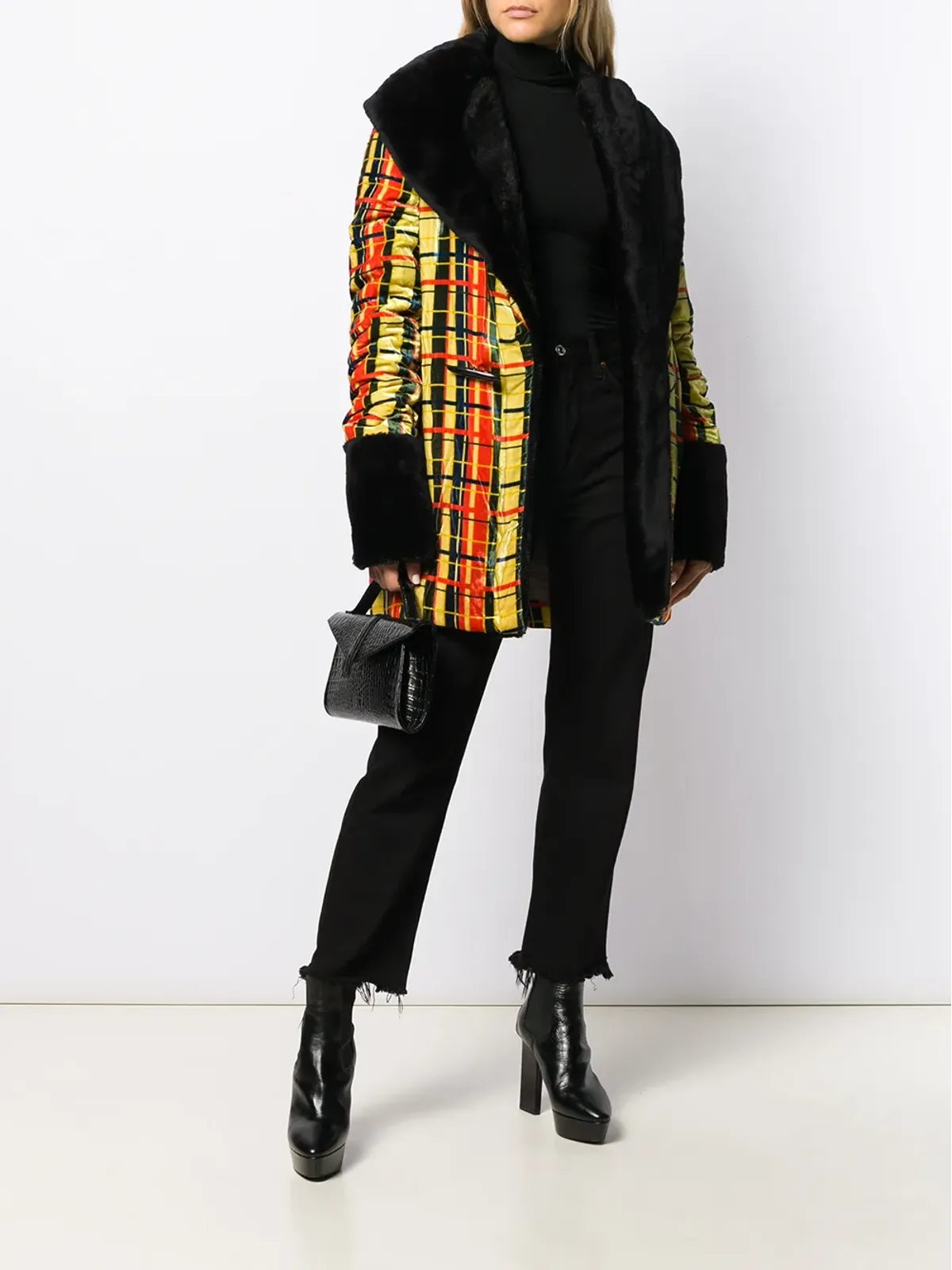 Jean Paul Gaultier Pre-Owned 1997 チェック柄フェイクファージャケット - イエロー - 画像2