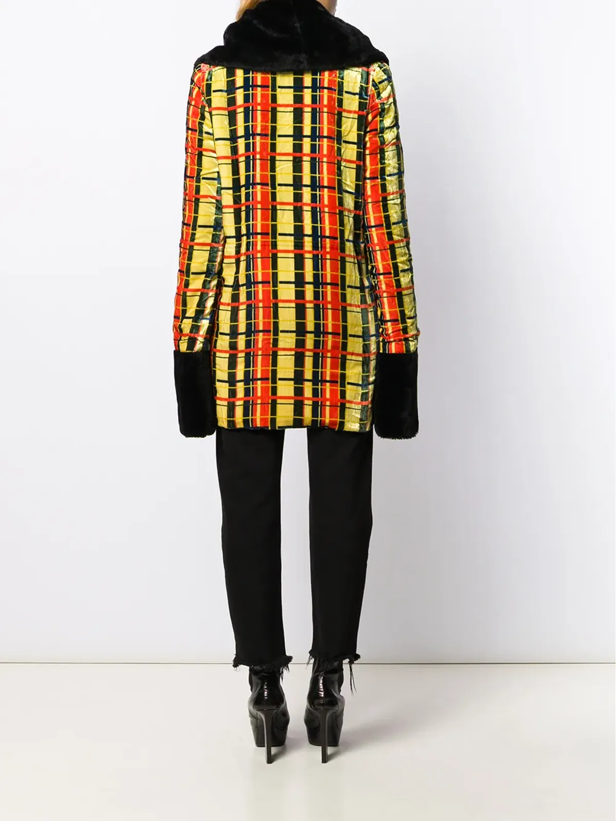 Jean Paul Gaultier Pre-Owned 1997 チェック柄フェイクファージャケット - イエロー - 画像4