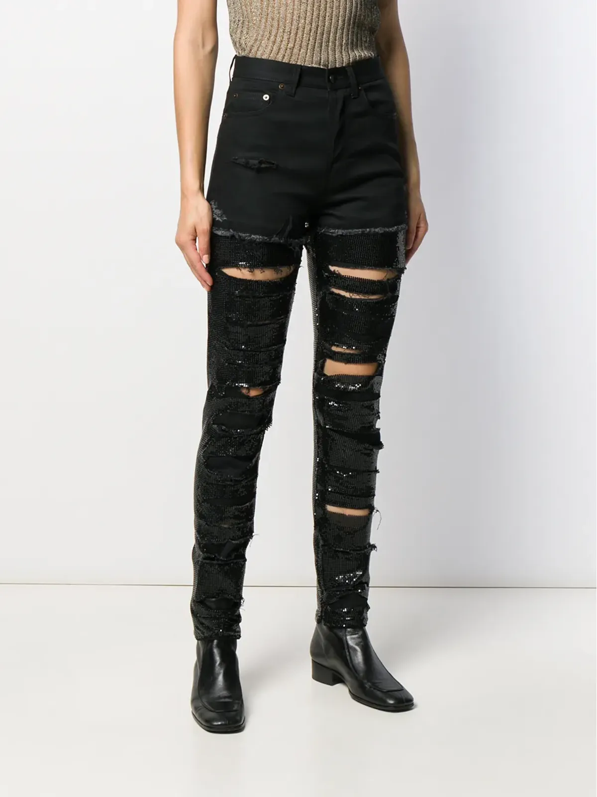 Saint Laurent セクイン装飾 ダメージ加工スキニージーンズ - ブラック - 画像3