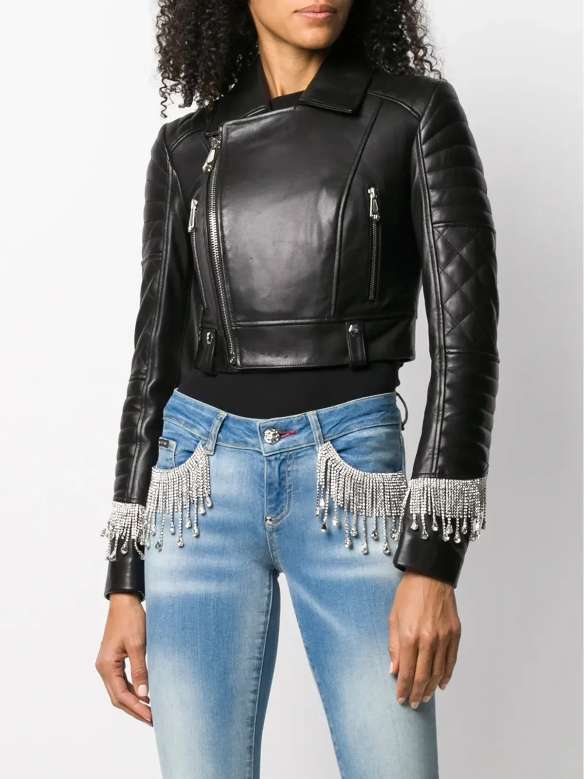 Philipp Plein クリスタルフリンジ バイカージャケット - 画像3