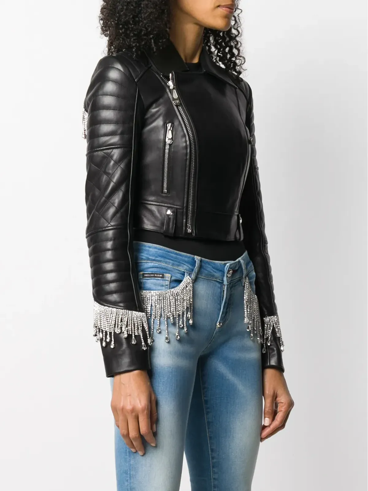 Philipp Plein クリスタルフリンジ バイカージャケット - 画像4