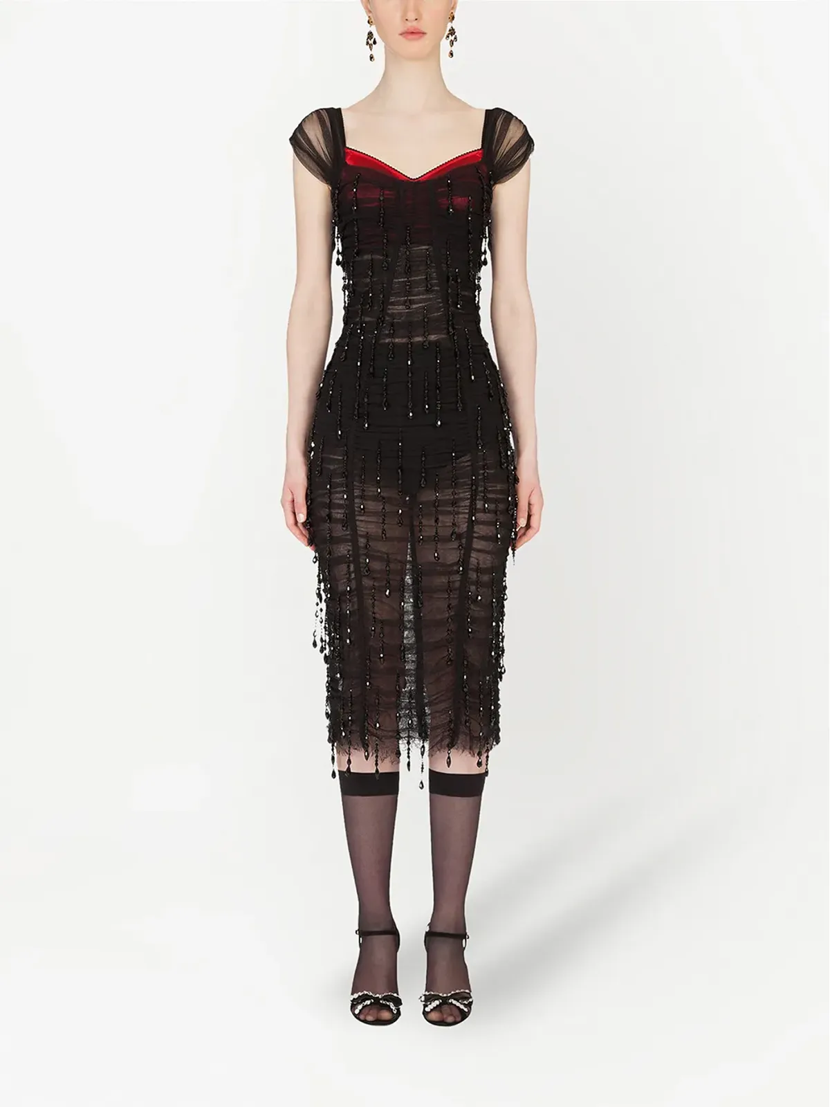Dolce & Gabbana スクエアネック ビーズ装飾 ミディドレス - ブラック - 画像2
