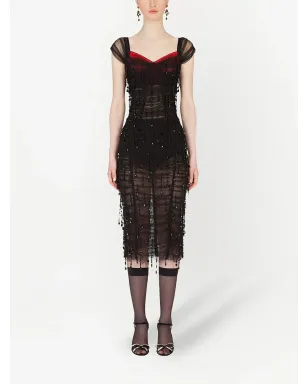 Dolce & Gabbana スクエアネック ビーズ装飾 ミディドレス - ブラック - サムネイル2