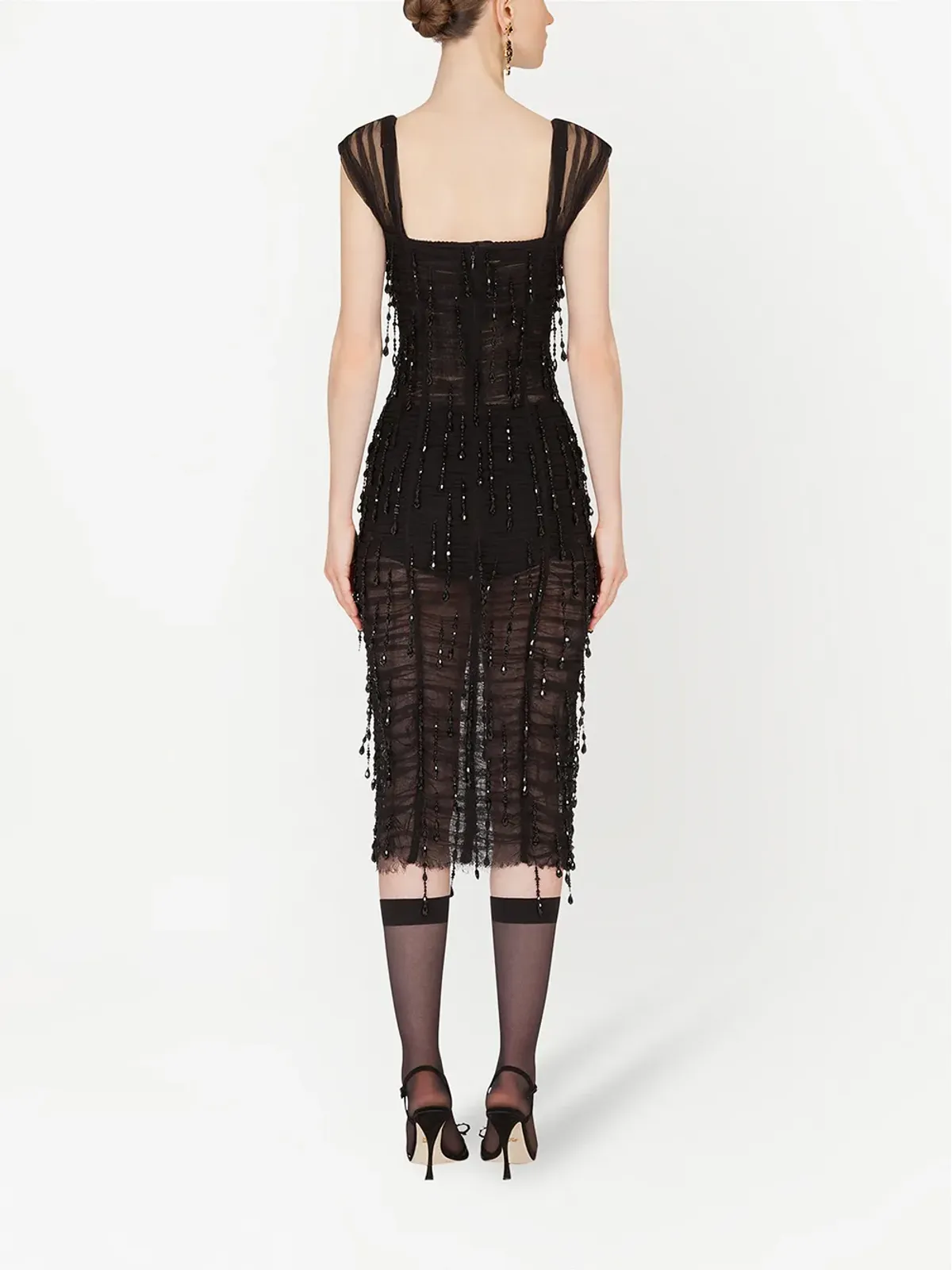 Dolce & Gabbana スクエアネック ビーズ装飾 ミディドレス - ブラック - 画像4