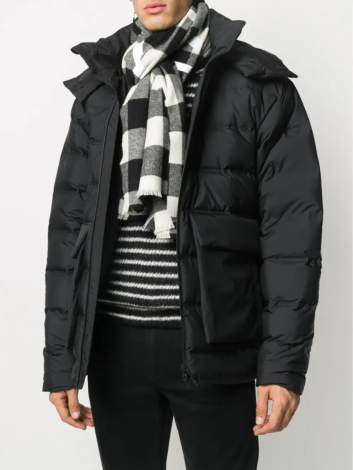 Moncler ロゴプリントチェック柄スカーフ ブラック - 画像2