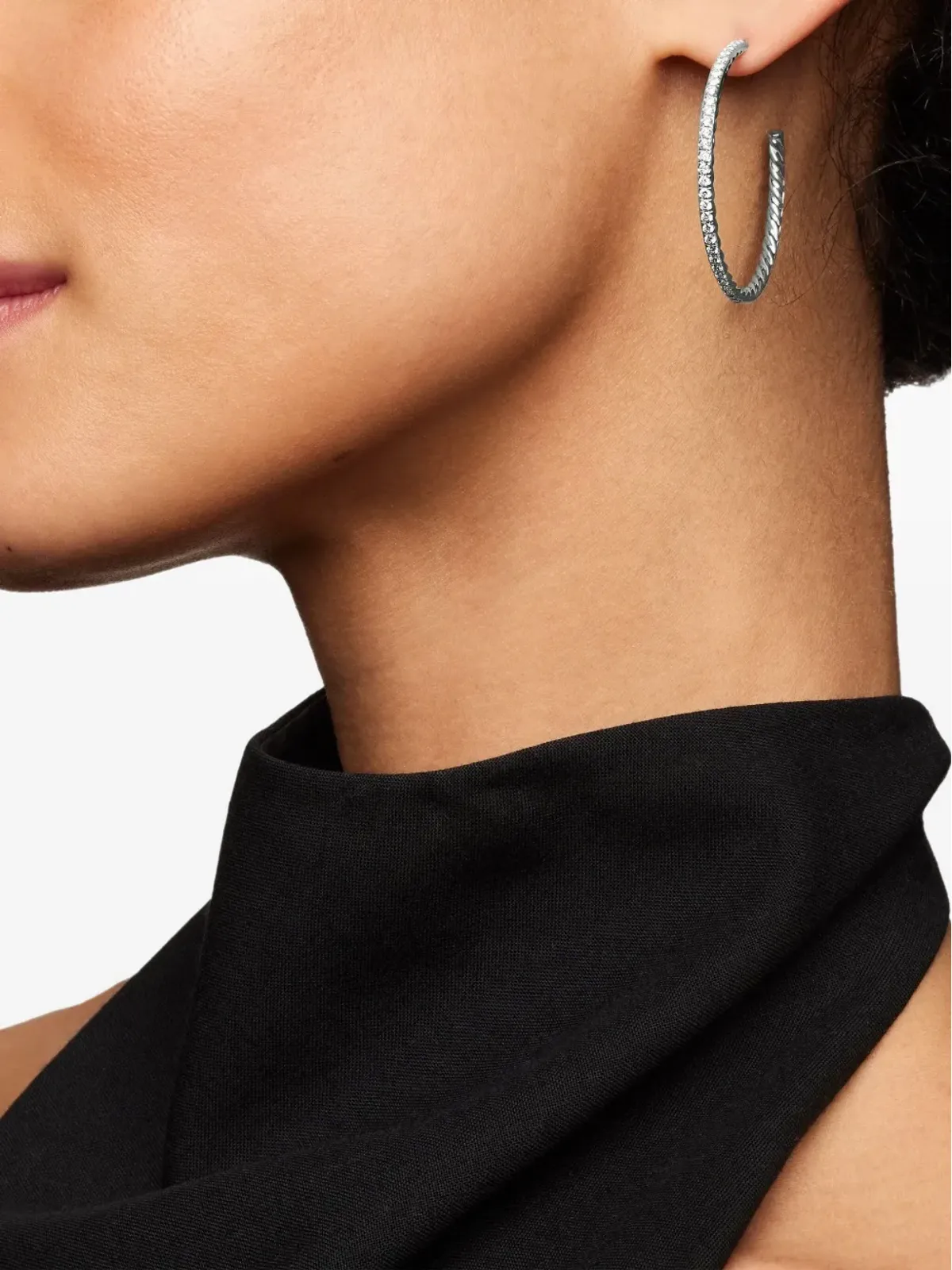David Yurman スターリングシルバー パヴェダイヤモンド フープイヤリング - 画像3