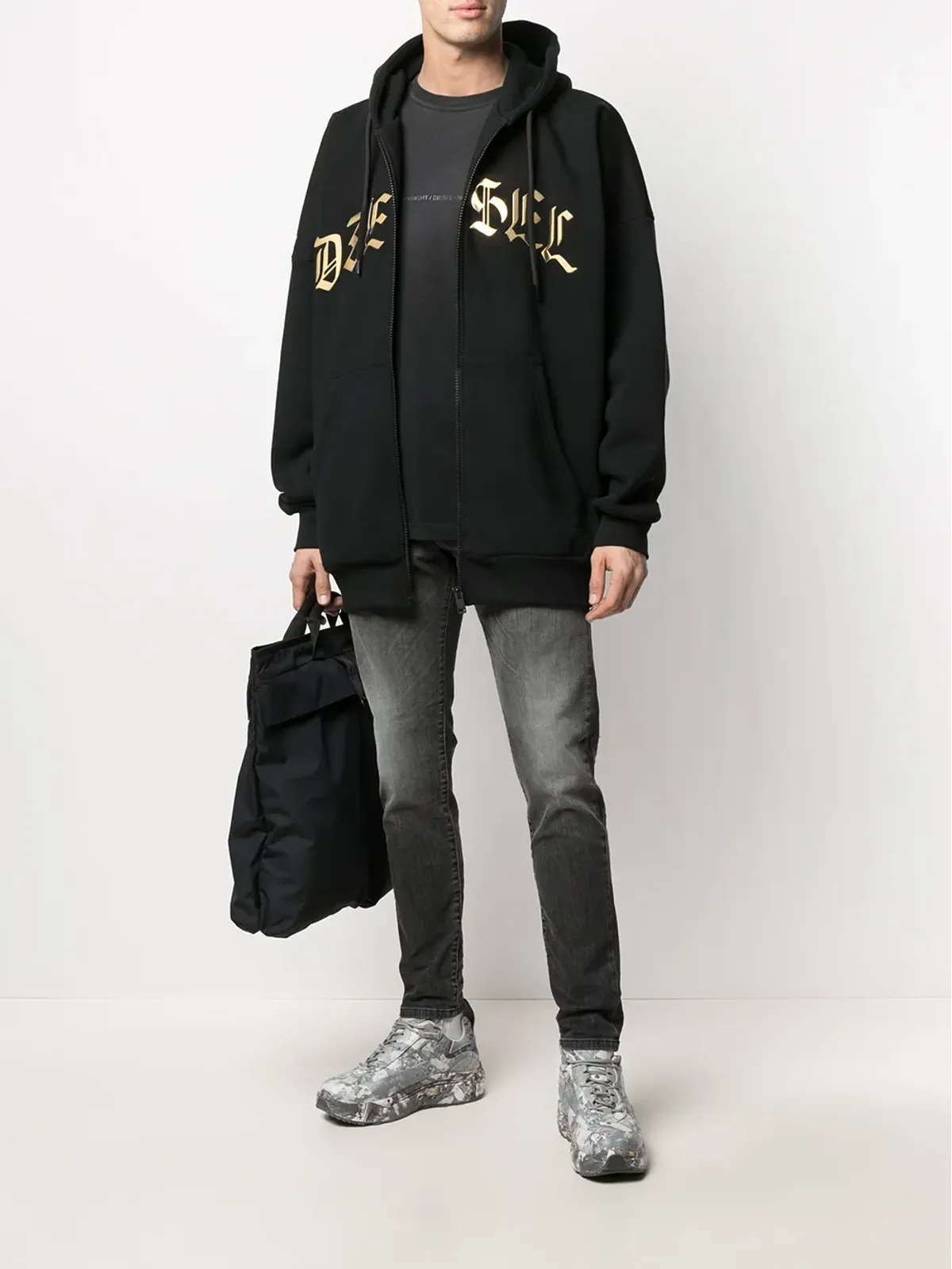 Diesel メタリックロゴ ジップアップフードパーカー ブラック - 画像2