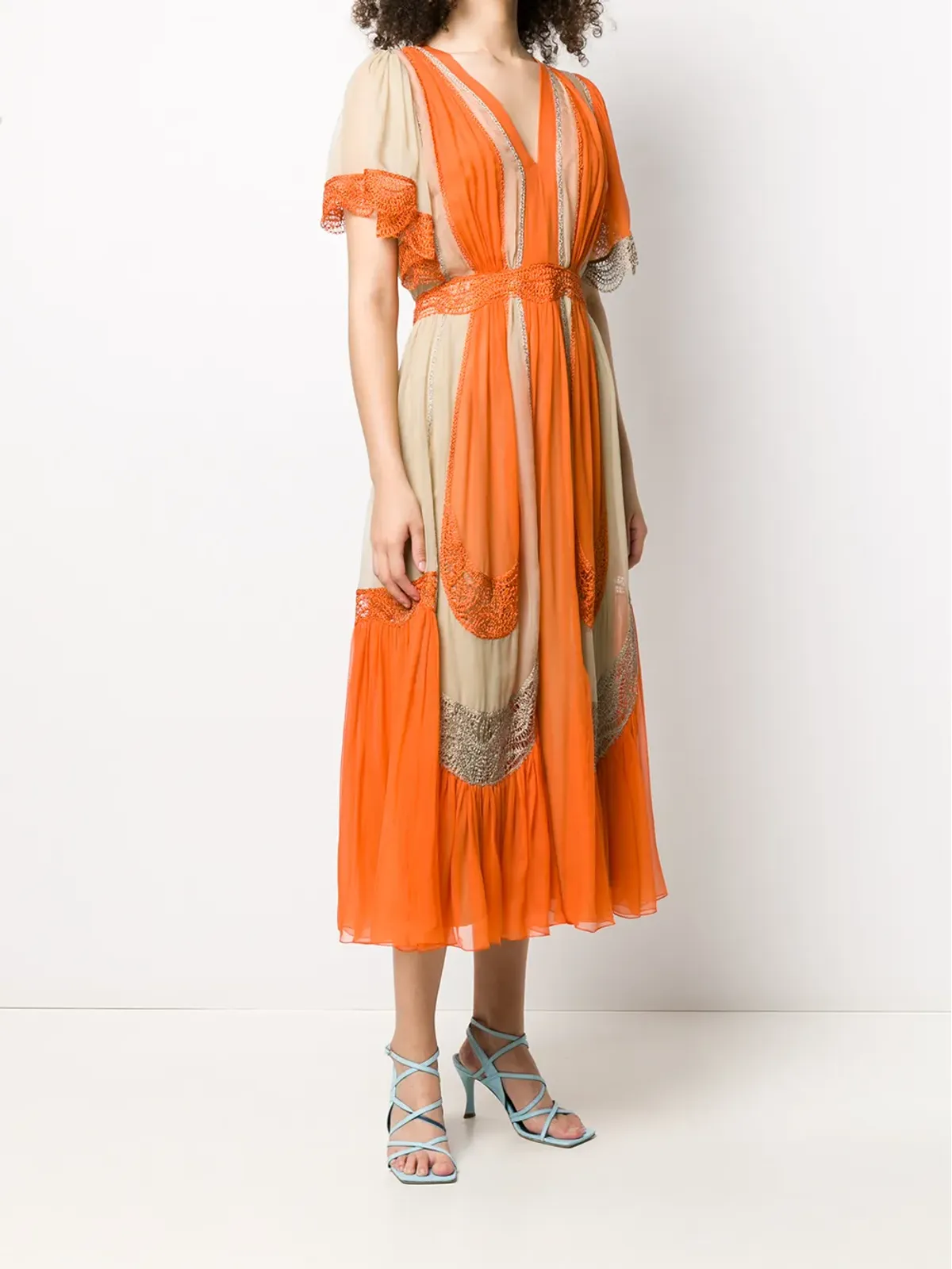 Alberta Ferretti カラーブロック刺繍ディテール シルクドレス オレンジ - 画像3