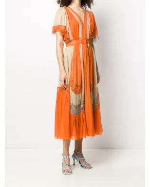 Alberta Ferretti カラーブロック刺繍ディテール シルクドレス オレンジ - サムネイル3
