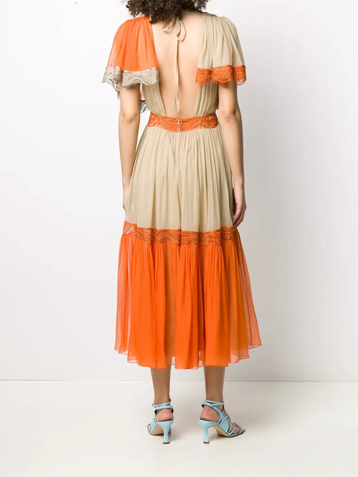 Alberta Ferretti カラーブロック刺繍ディテール シルクドレス オレンジ - 画像4