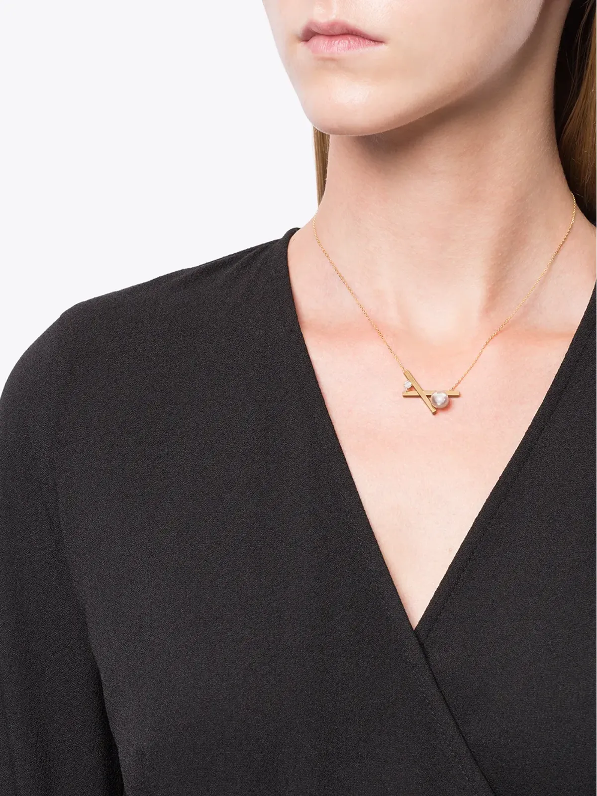 TASAKI 18K イエローゴールド コレクション Line Balance クロスペンダント アコヤパールとダイヤモンド ネックレス - 画像2
