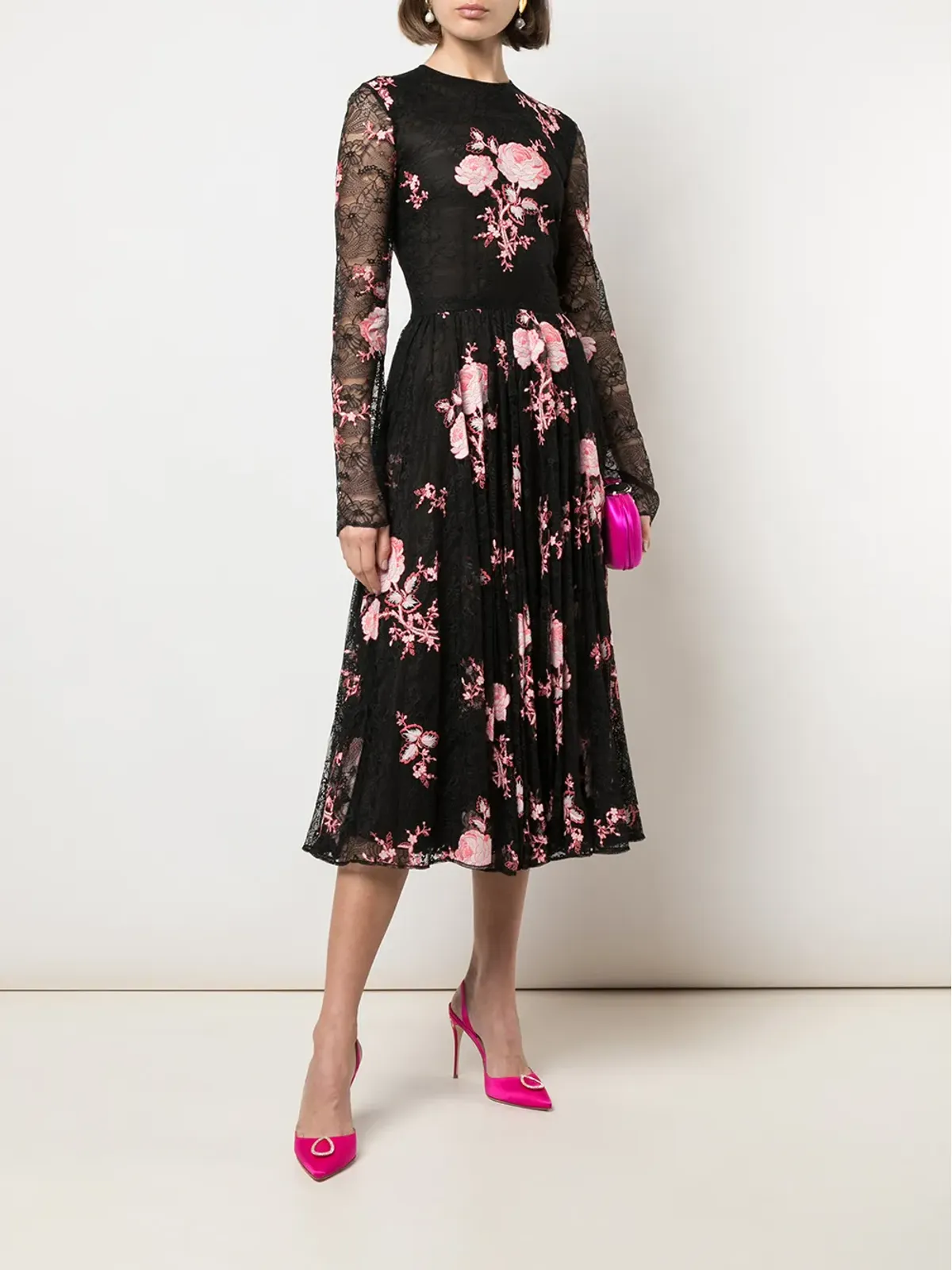 Giambattista Valli フローラル刺繍プリーツスカートドレス - ブラック - 画像2