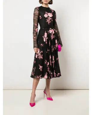 Giambattista Valli フローラル刺繍プリーツスカートドレス - ブラック - サムネイル2