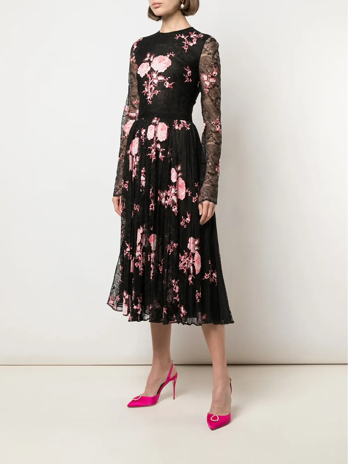 Giambattista Valli フローラル刺繍プリーツスカートドレス - ブラック - 画像3