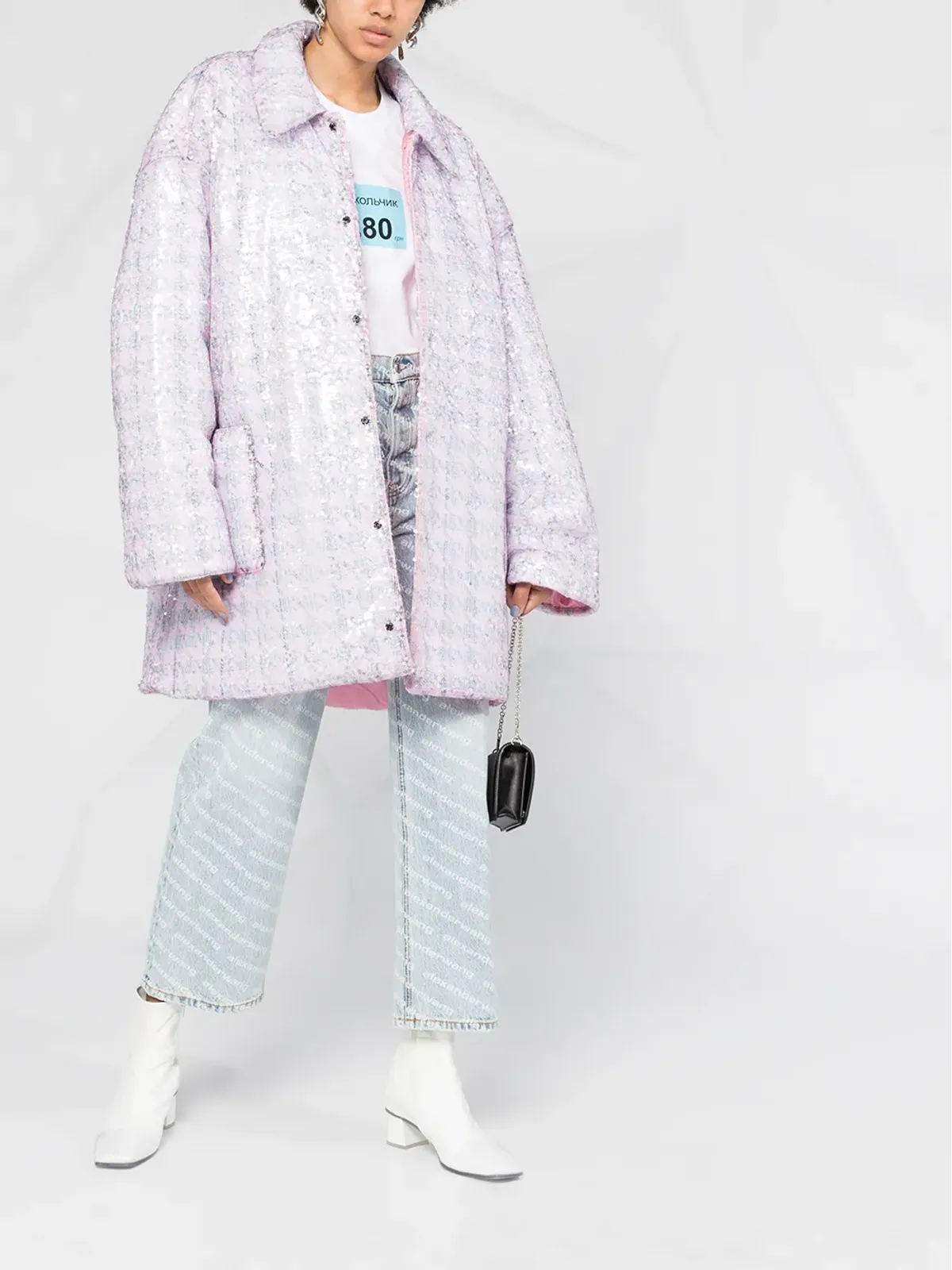 Natasha Zinko オーバーサイズのスパンコール付き千鳥格子柄コート ピンク - 画像2