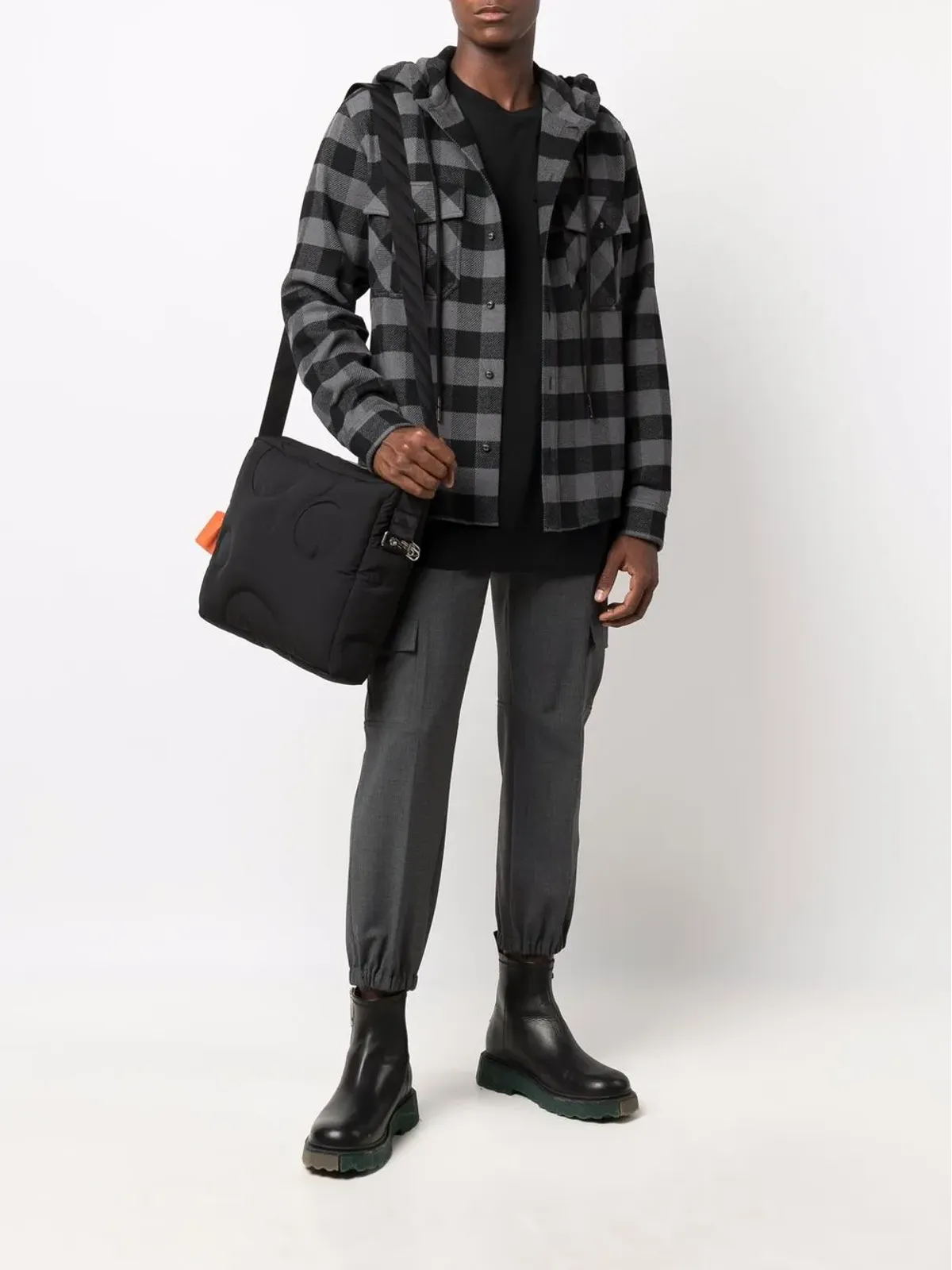 Off-White アローズプリント・チェック柄フーディーシャツ - 画像2